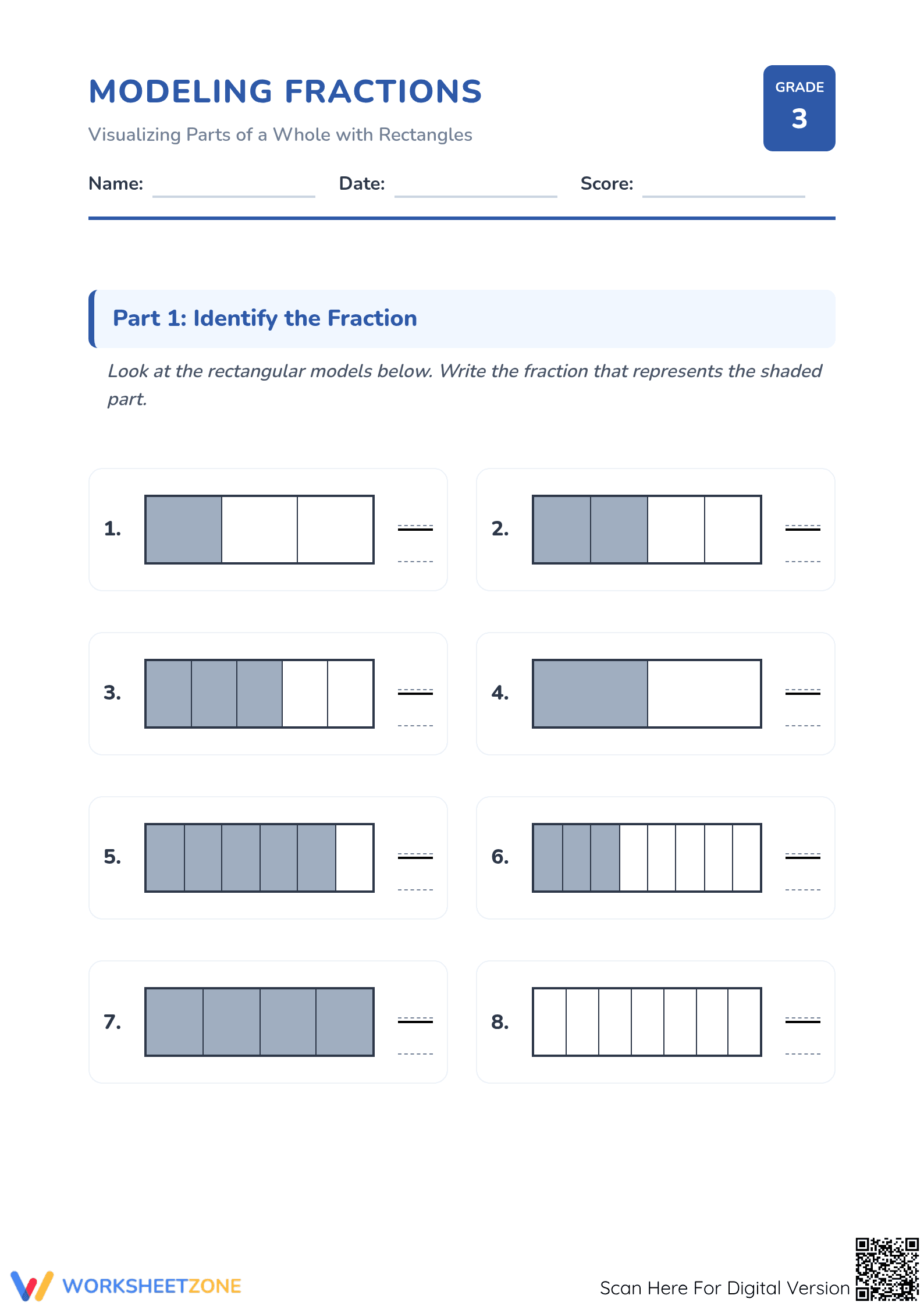 Modeling Fractions with Rectangles — Essential Grade 3 Worksheet - Page 1