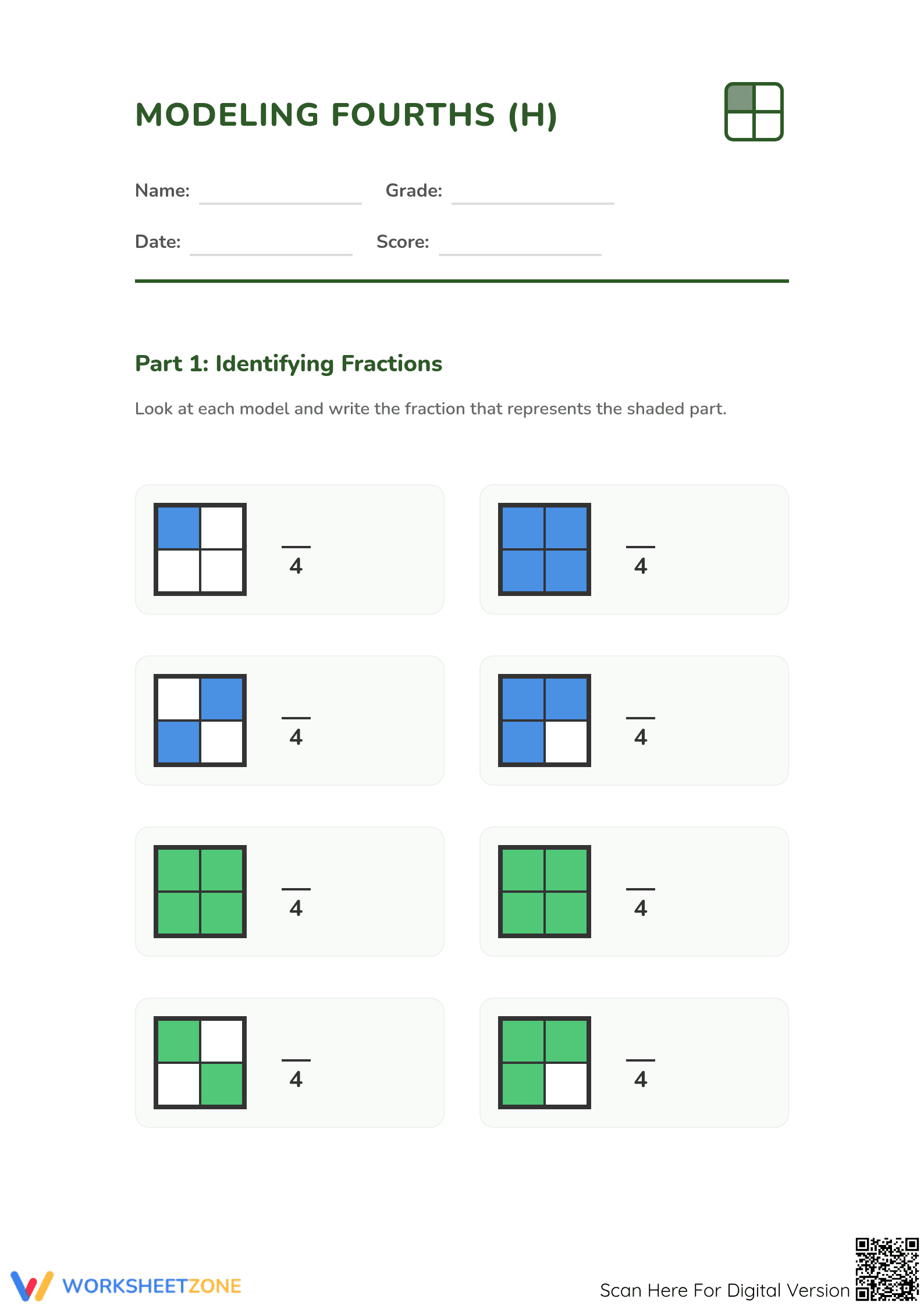 Printable Modeling Fourths Worksheet | Grade 3 Math - Page 1