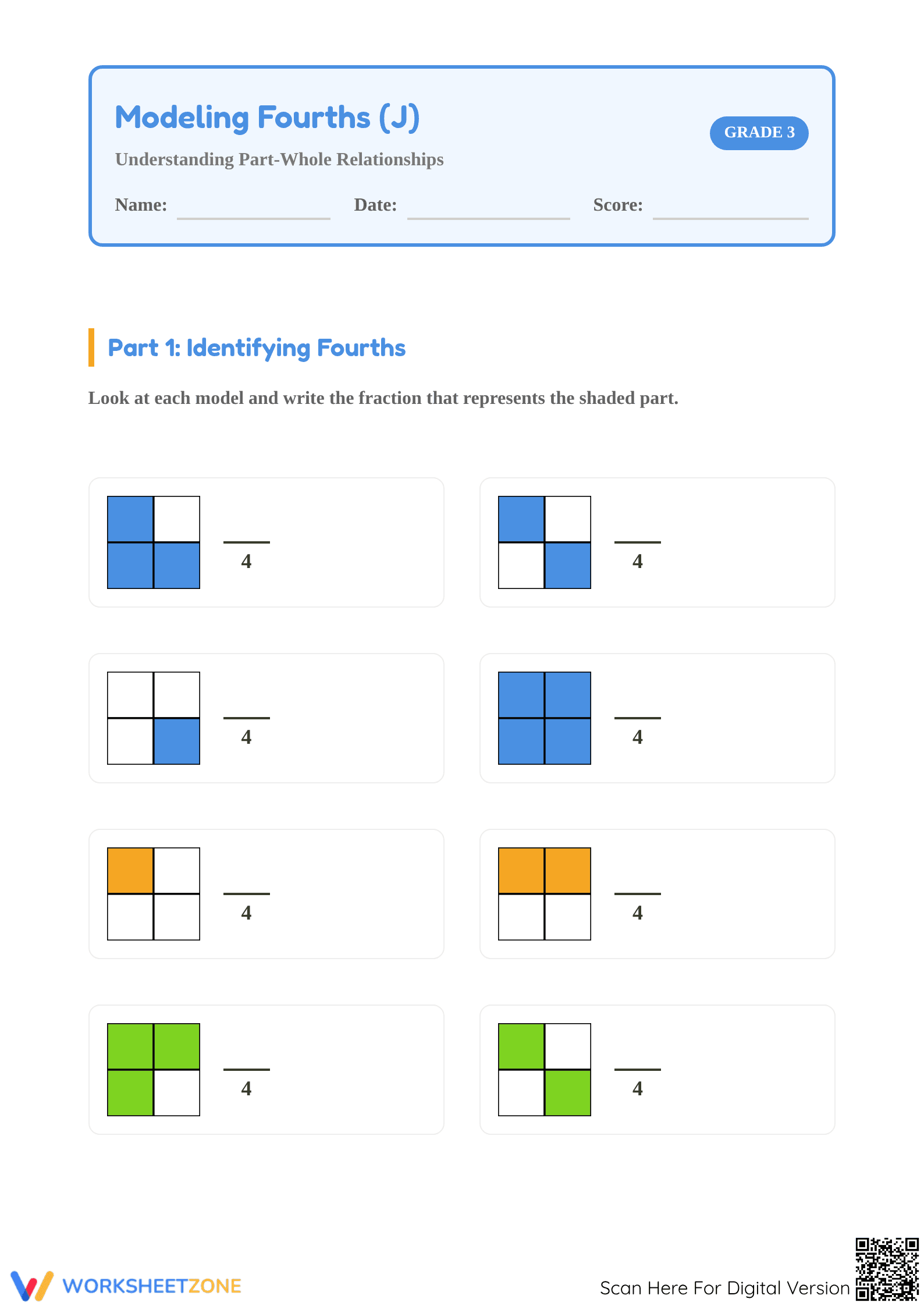 Printable Grade 3 Modeling Fractions with Rectangles - Page 1