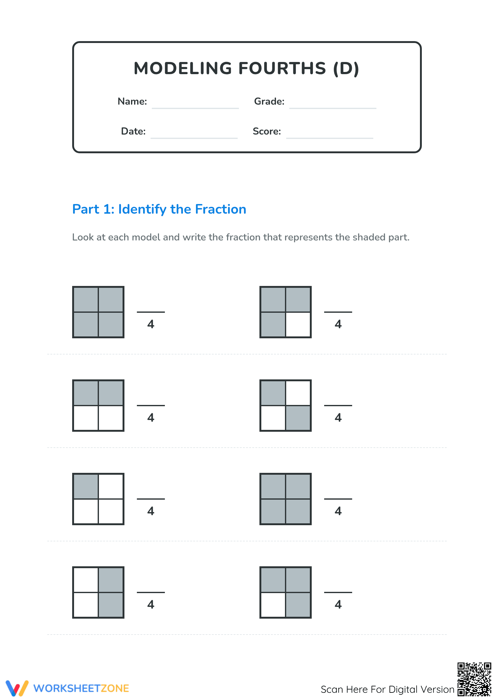 Printable Grade 3 Fraction Modeling Worksheet: Fourths - Page 1