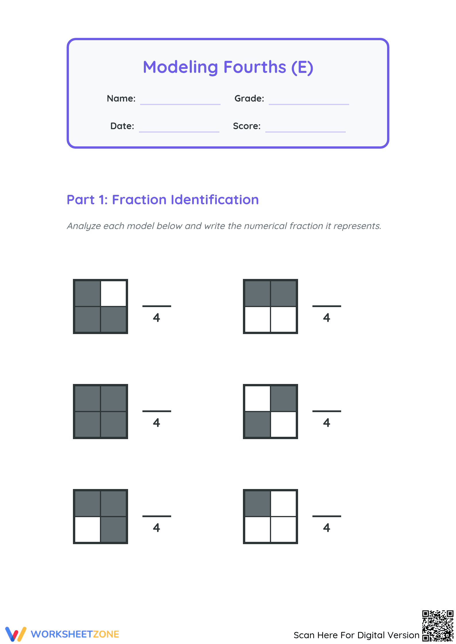 Printable Grade 3 Modeling Fourths Math Worksheet - Page 1