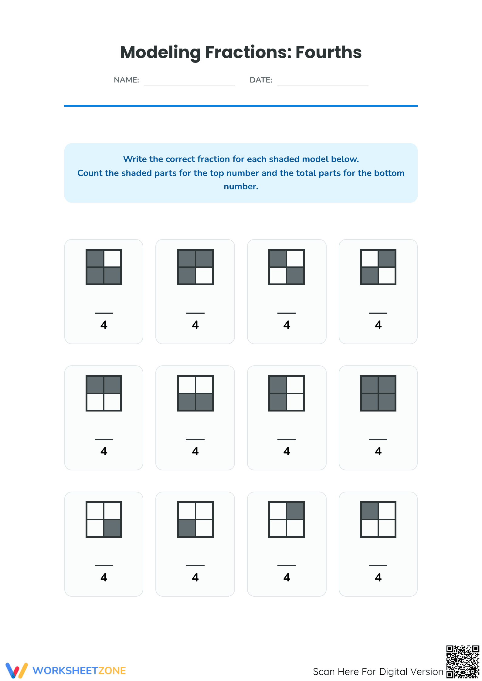 Modeling Fractions (Fourths) — Grade 3 Essential Worksheet - Page 1