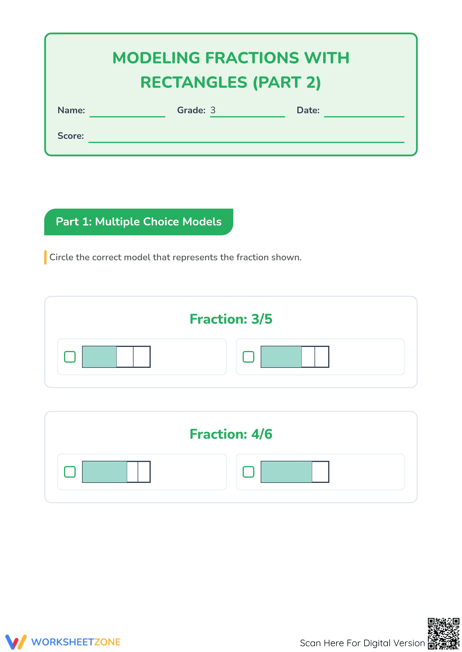 Printable Guide: Modeling Fractions with Rectangles - Grade 3 Math - Page 1