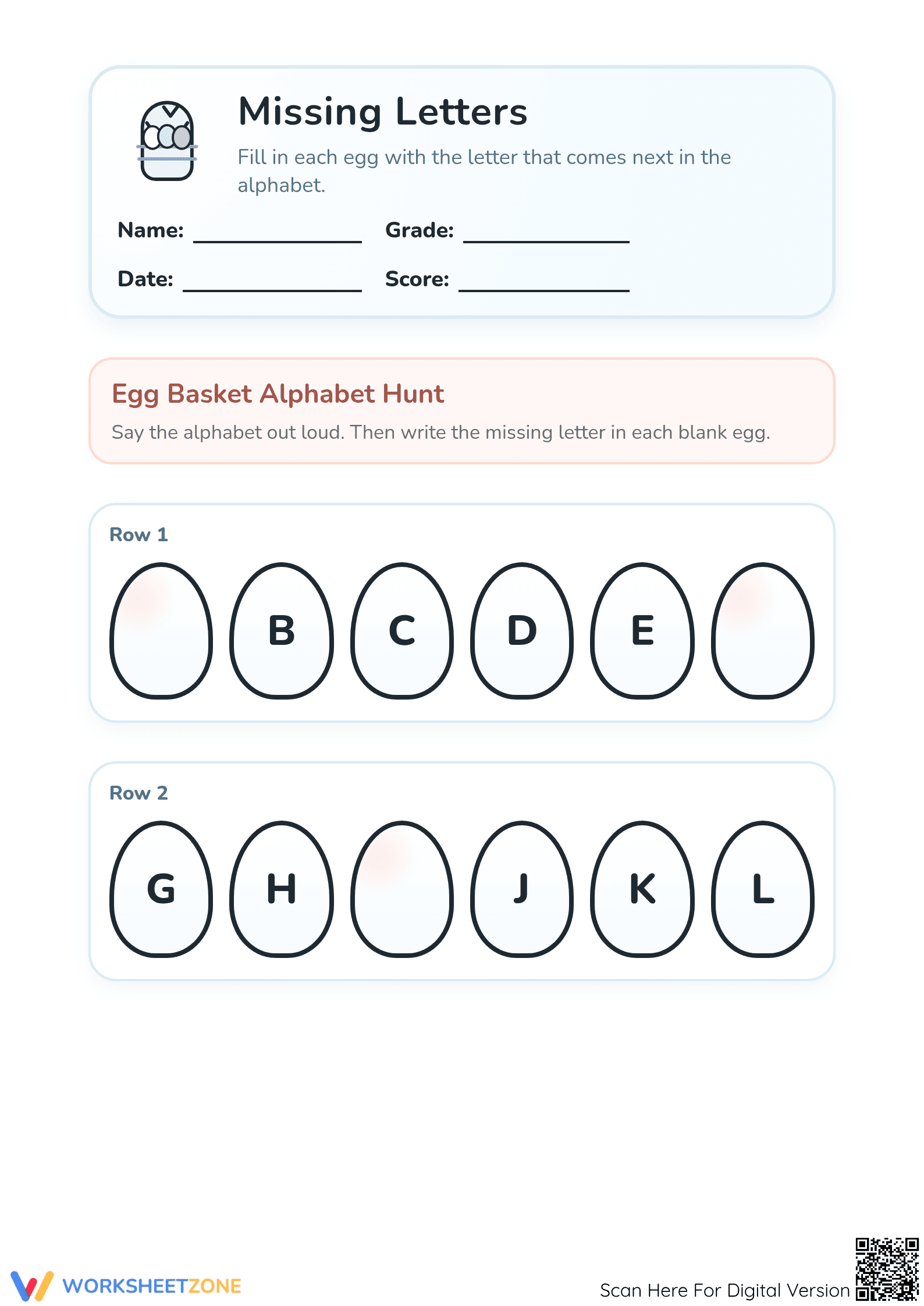 Printable Missing Letters Worksheet | Preschool Alphabet - Page 1
