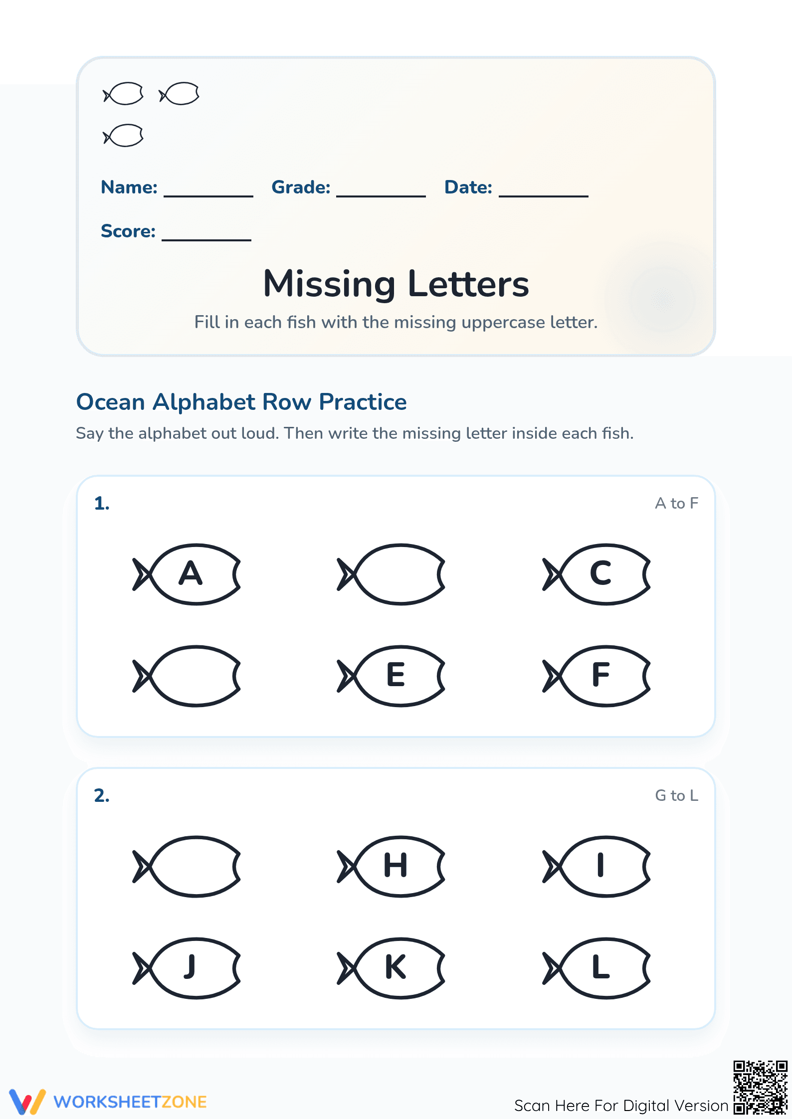 Printable Missing Letters Alphabet Worksheet | Preschool - Page 1