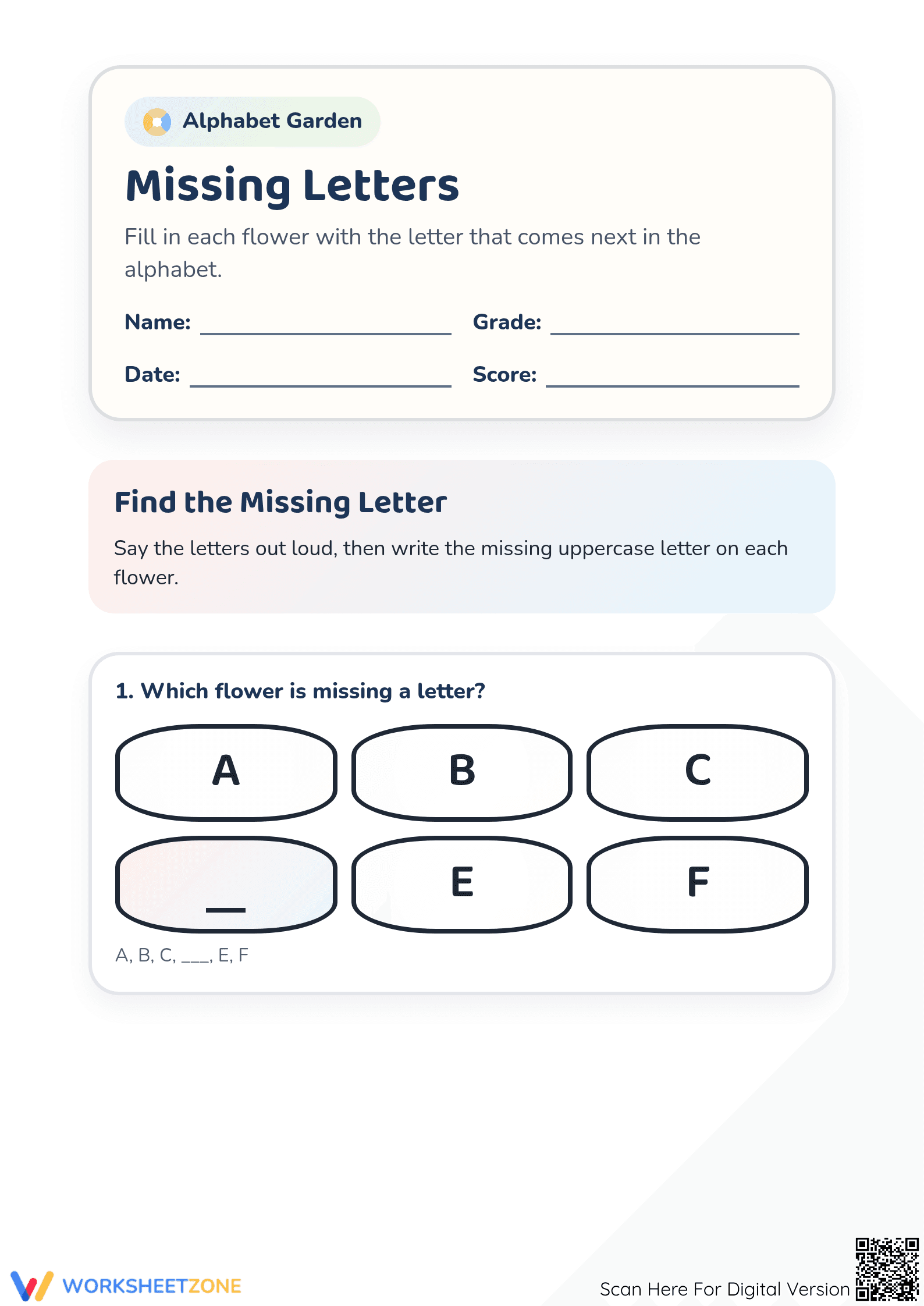 Printable Missing Letters Alphabet Worksheet | Preschool - Page 1