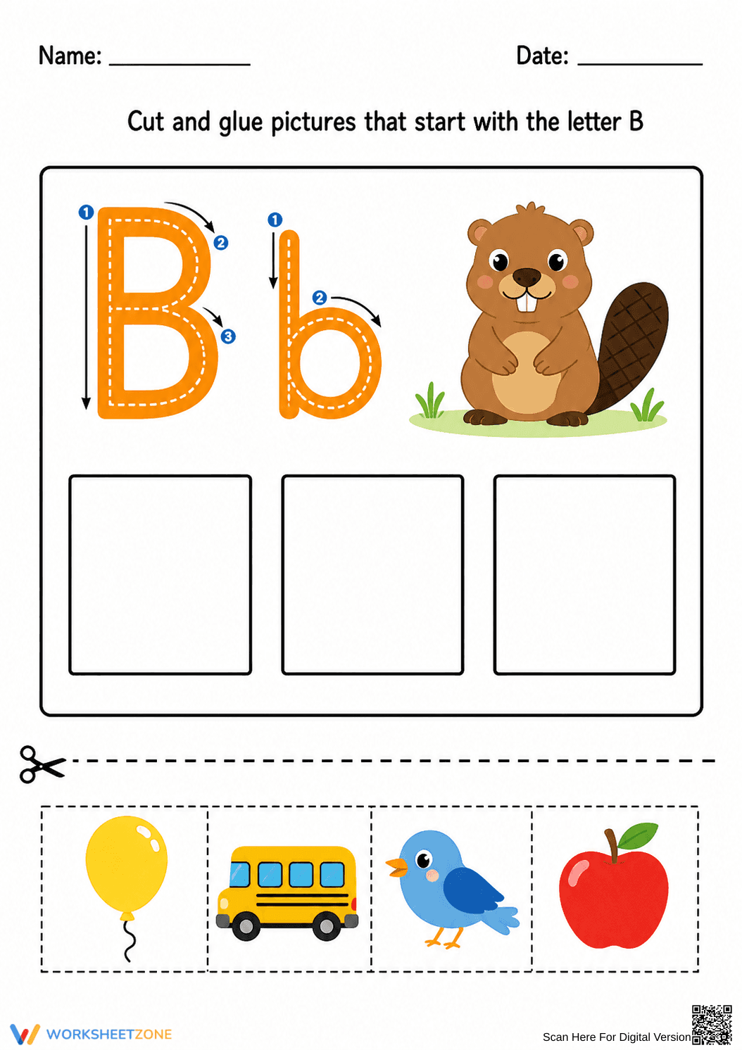 Cut And Glue Letter B Phonics Worksheet - Page 1