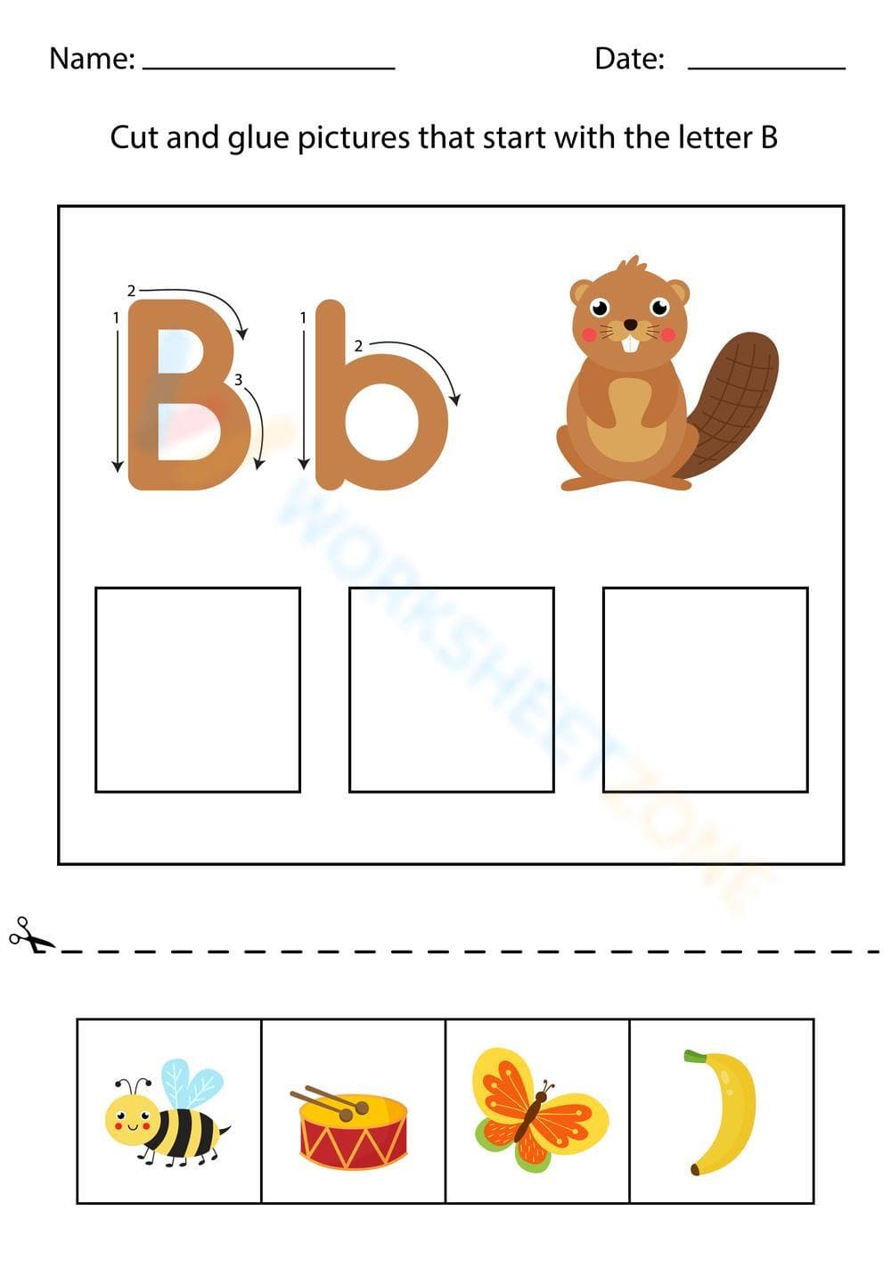 Cut And Glue Letter B Phonics Worksheet - Page 1