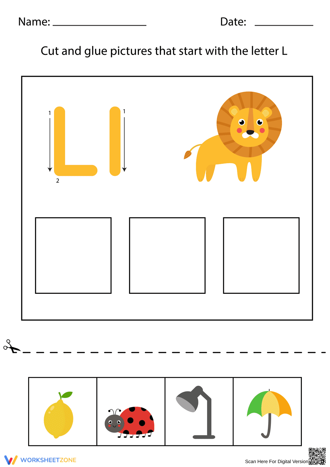 Kindergarten Letter L Beginning Sounds — Printable Worksheet - Page 1
