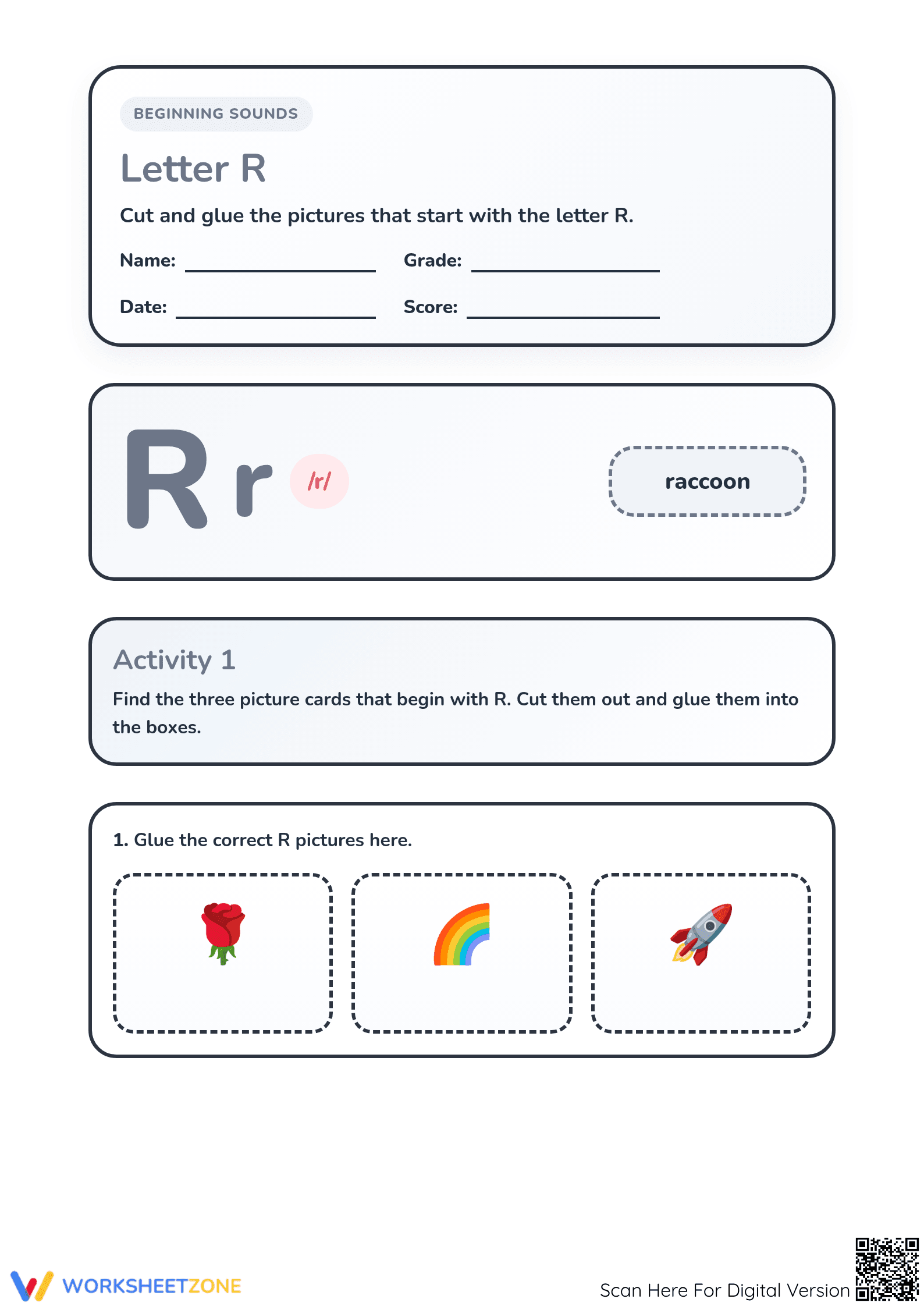 Printable Letter R Beginning Sound Worksheet | Grade K-1 - Page 1