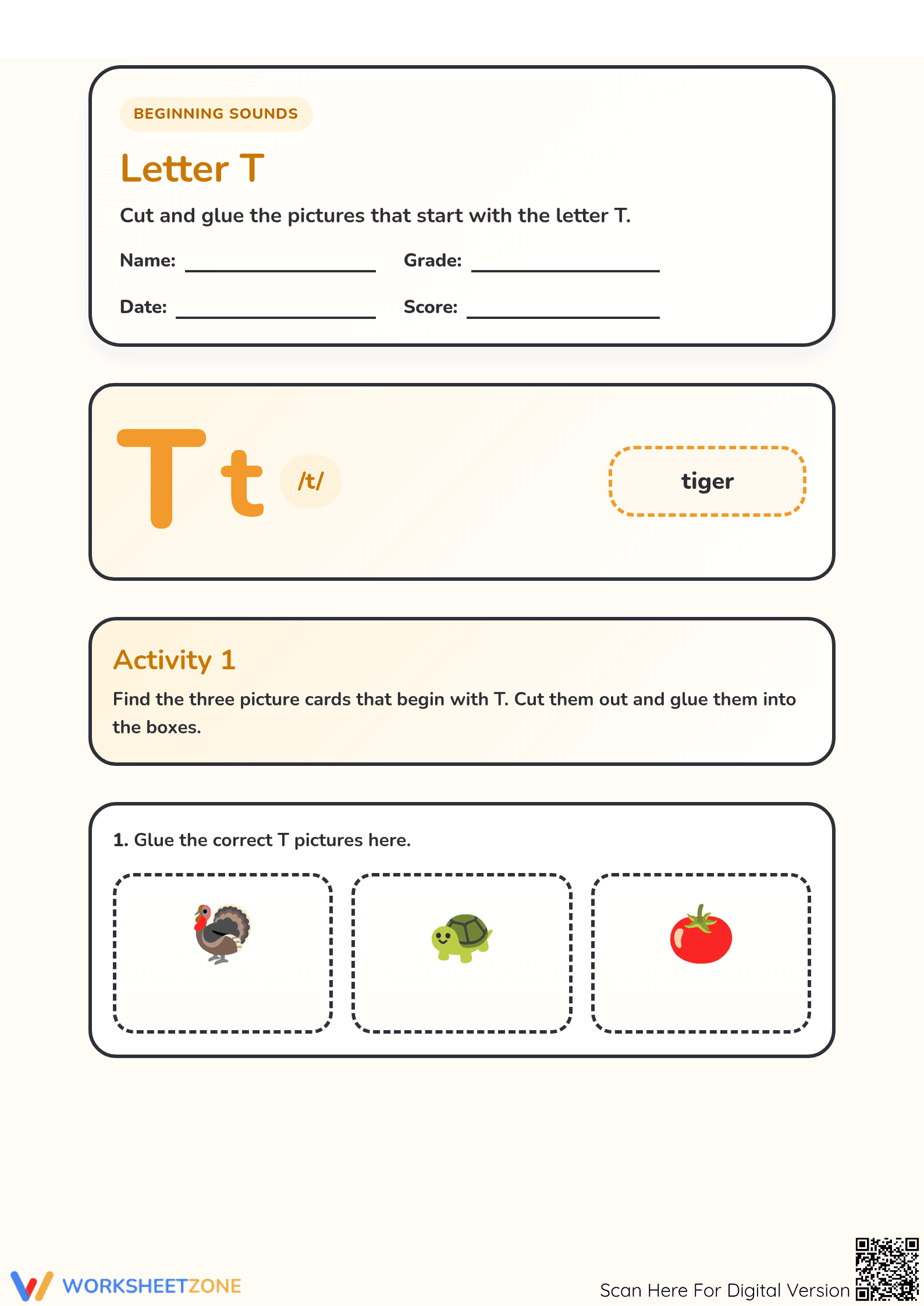 Grade K-1 Letter T Phonics — Printable No-Prep Worksheet - Page 1