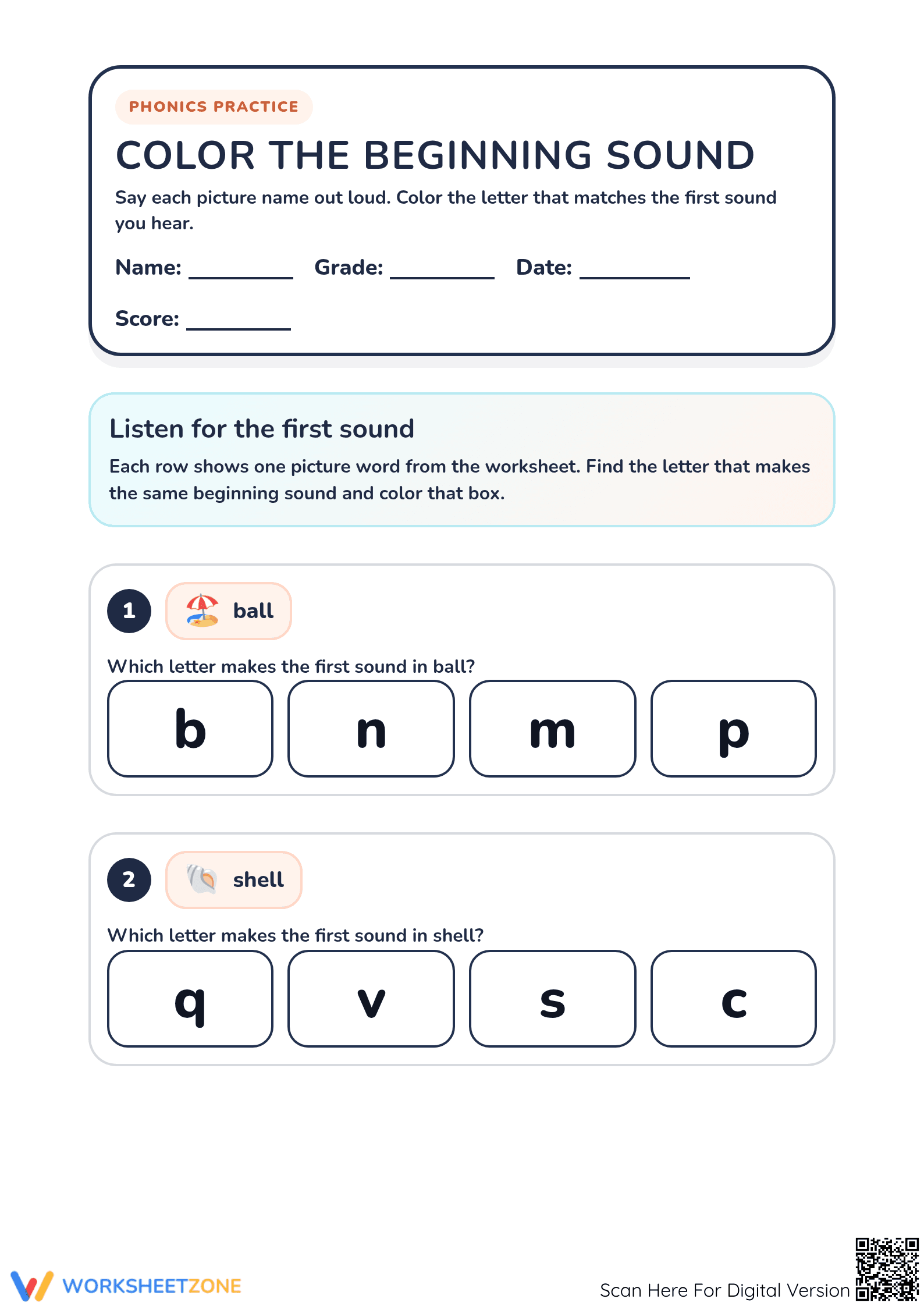 Essential Beginning Sounds Worksheet | Kindergarten ELA - Page 1