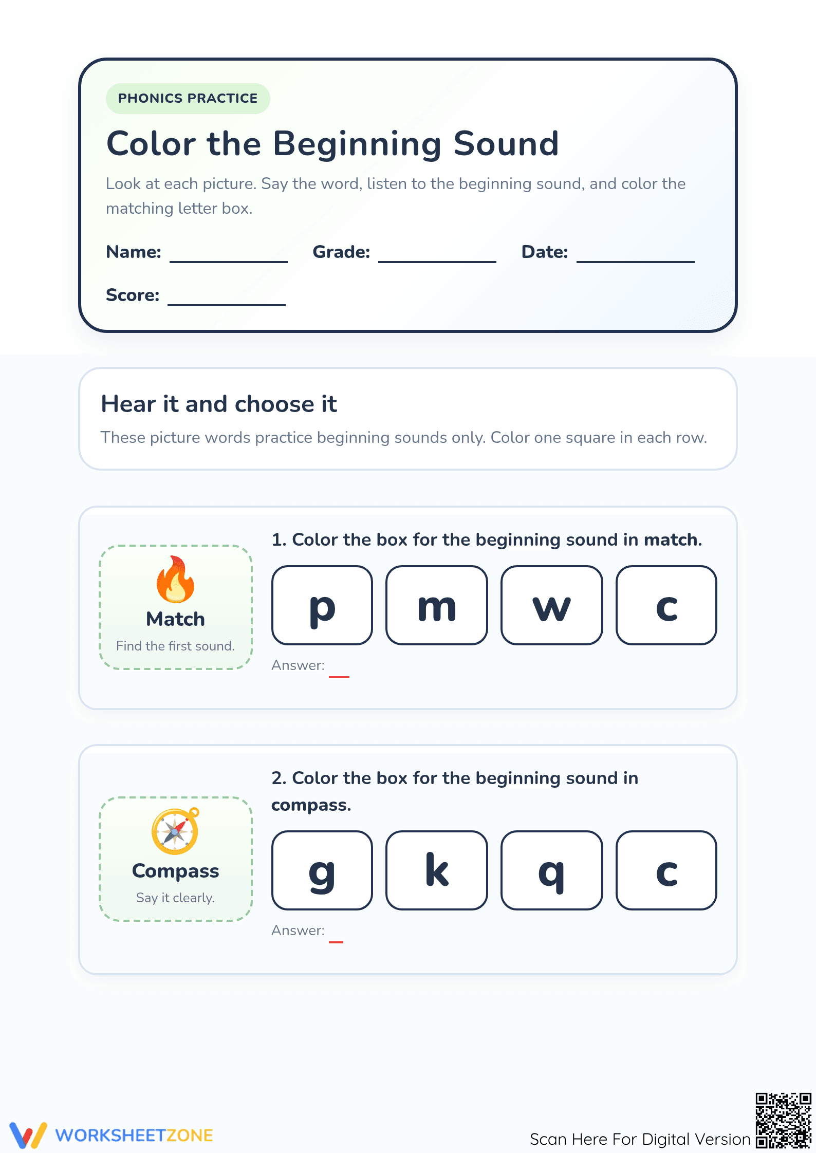Printable Beginning Sounds Worksheet | Grade K-1 Phonics - Page 1