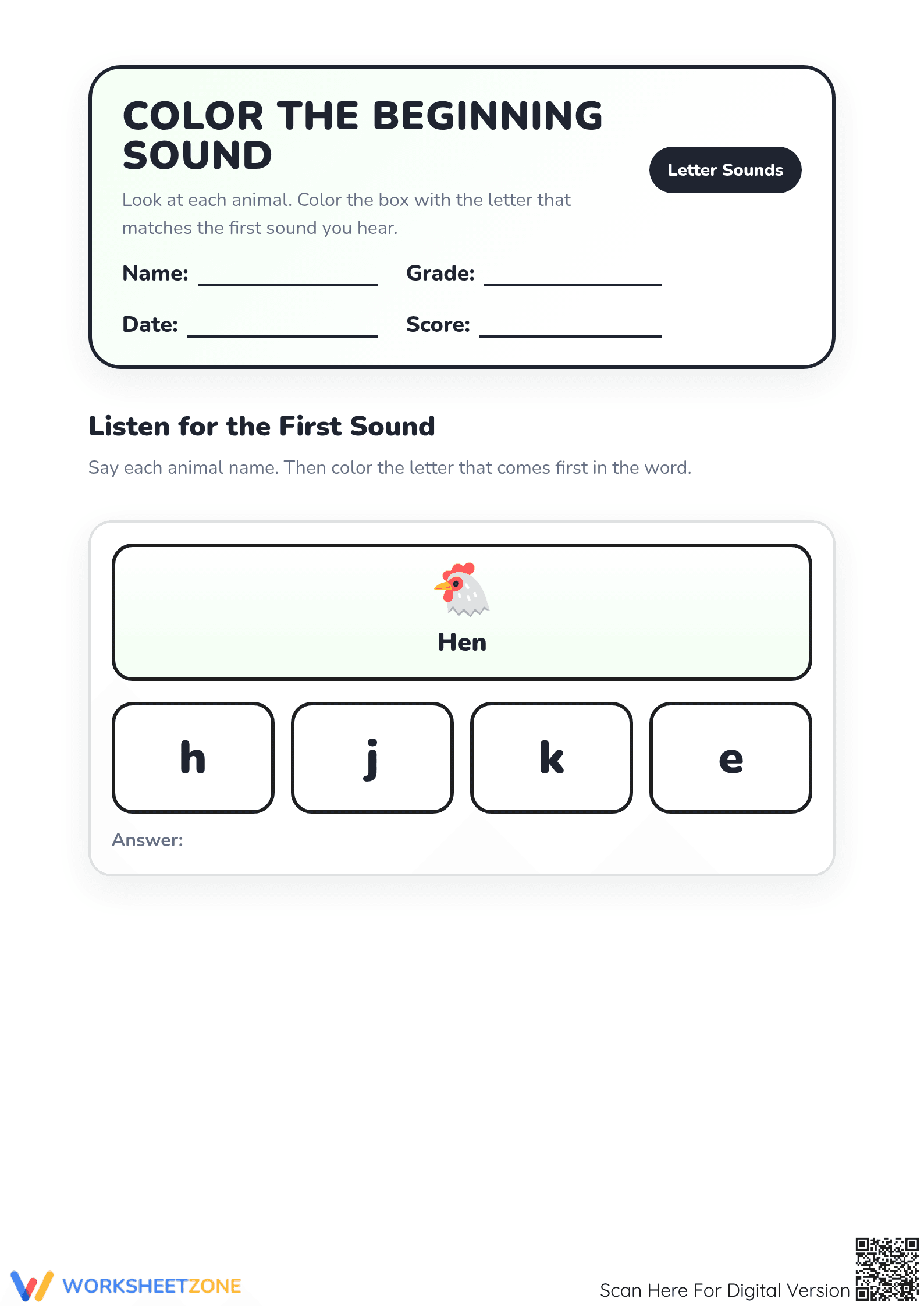 Color the Beginning Sound Worksheet | Grade K Essential - Page 1