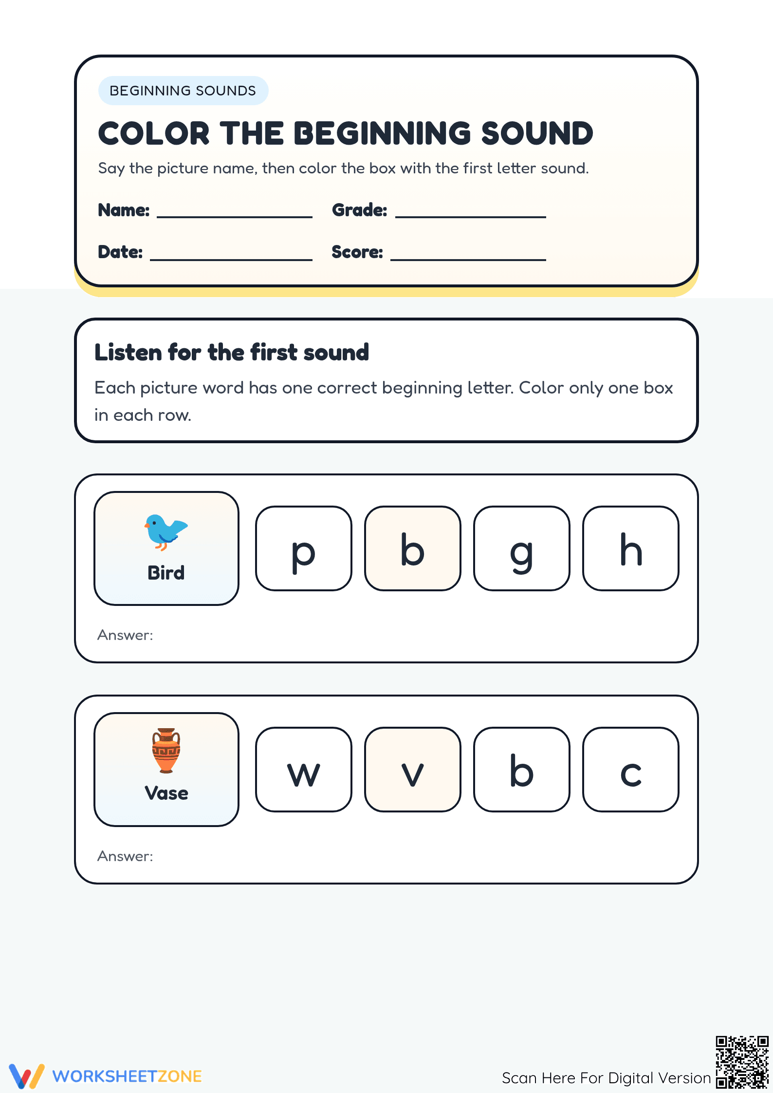 Printable Beginning Sounds Worksheet | Kindergarten Phonics - Page 1