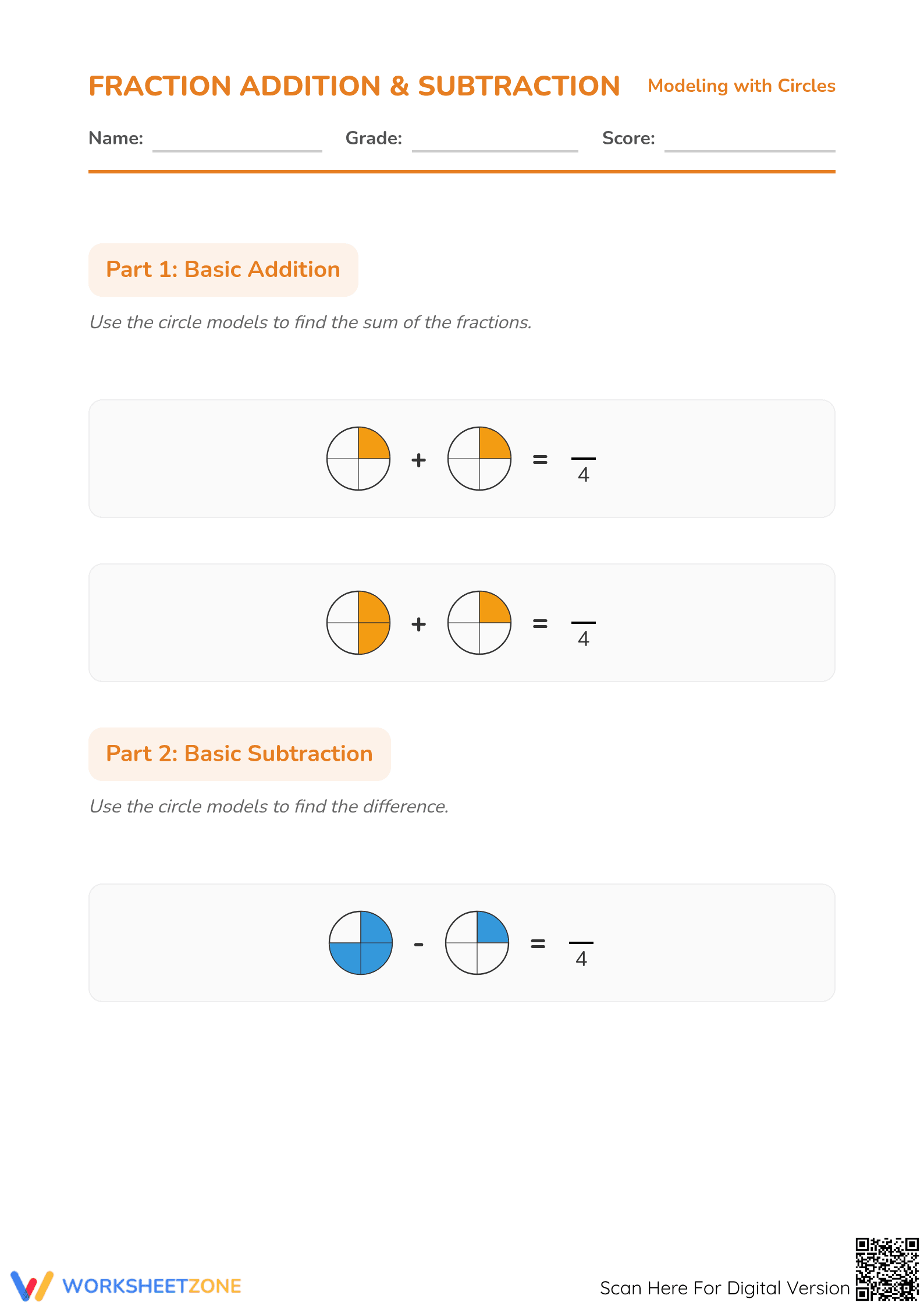 Essential Fraction Addition & Subtraction Worksheet - Page 1