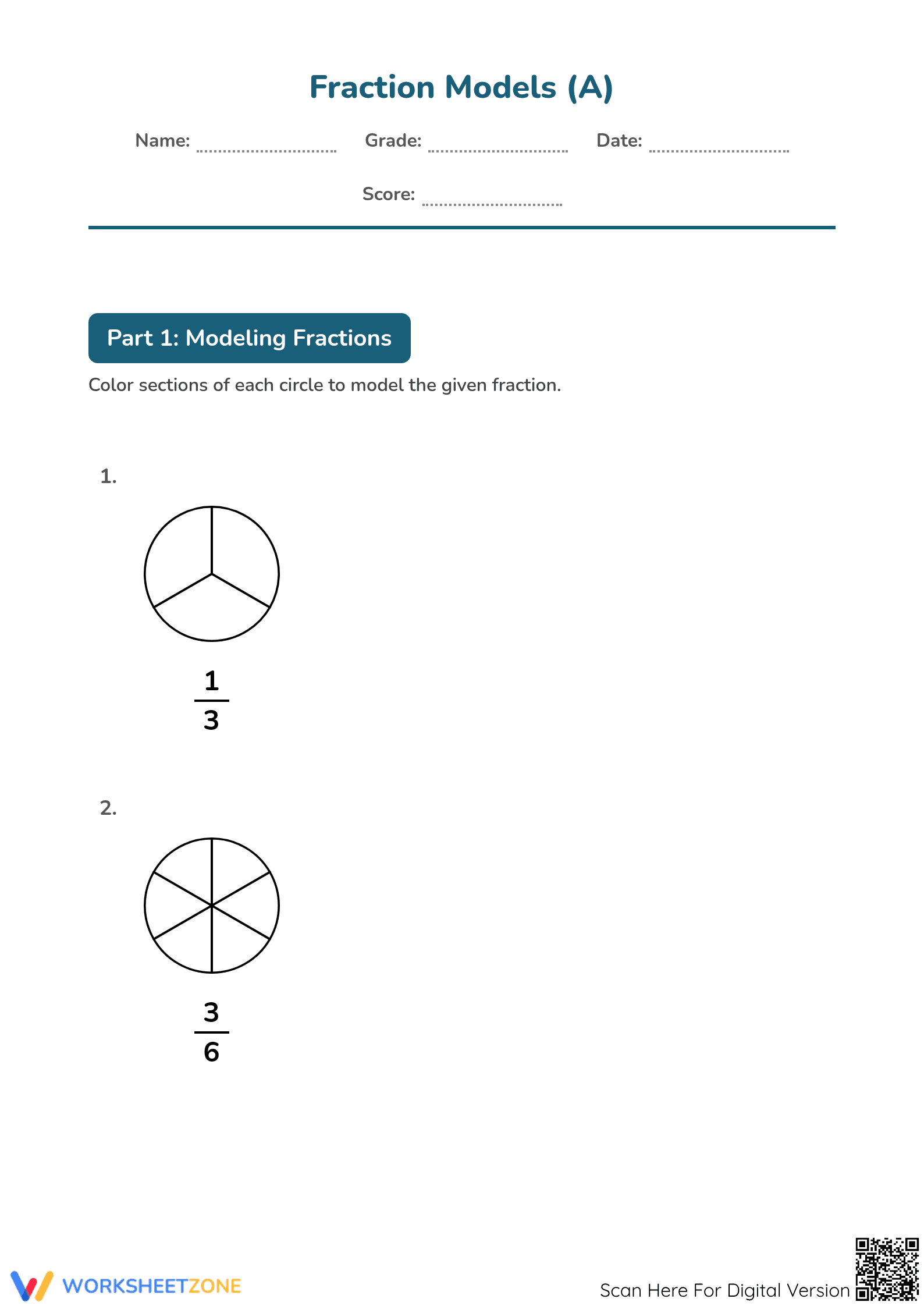 Printable Modeling Fractions with Circles | Grade 3 Aligned - Page 1