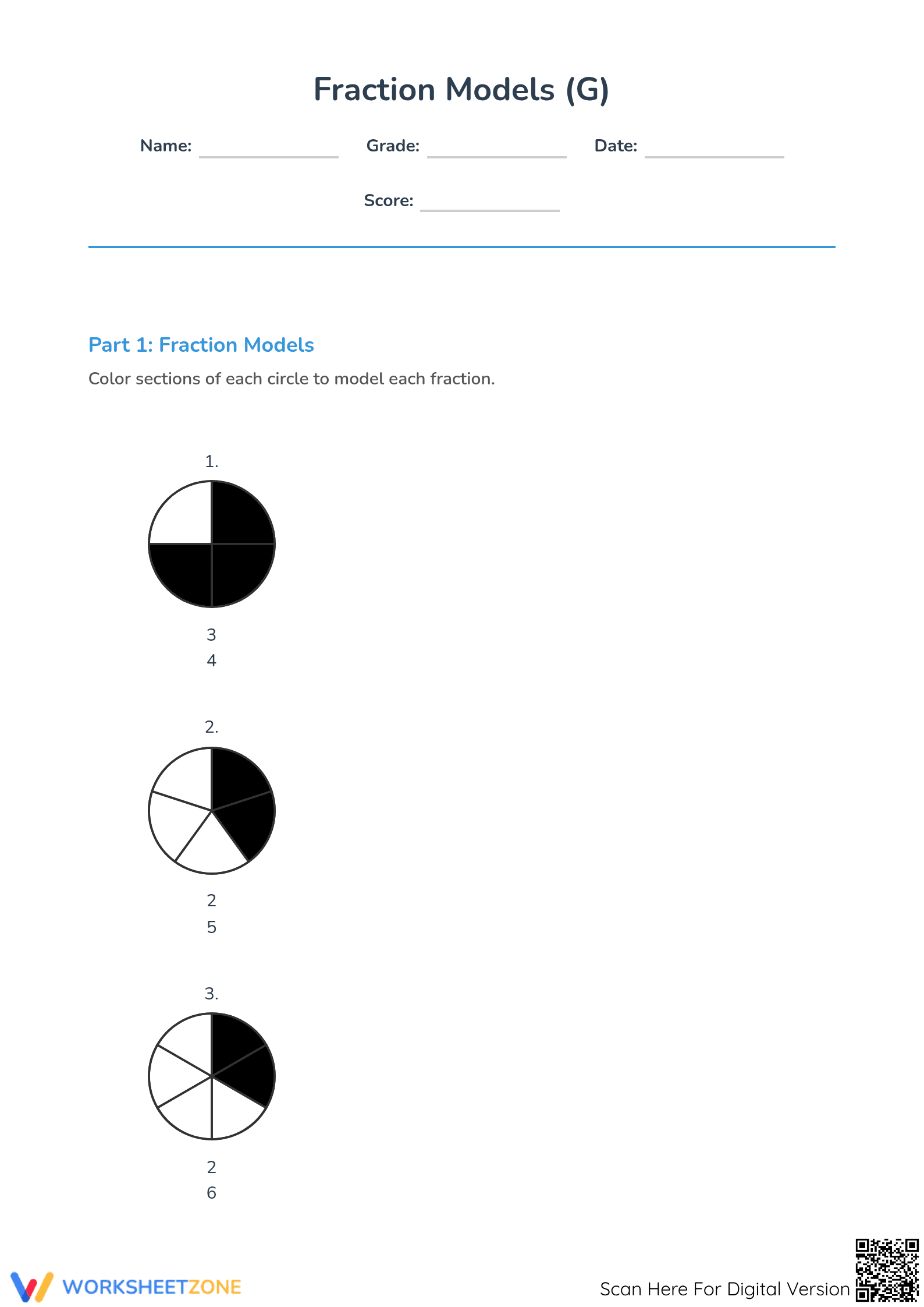 Printable Worksheet: Modeling Fractions with Circles (Grade 3) - Page 1