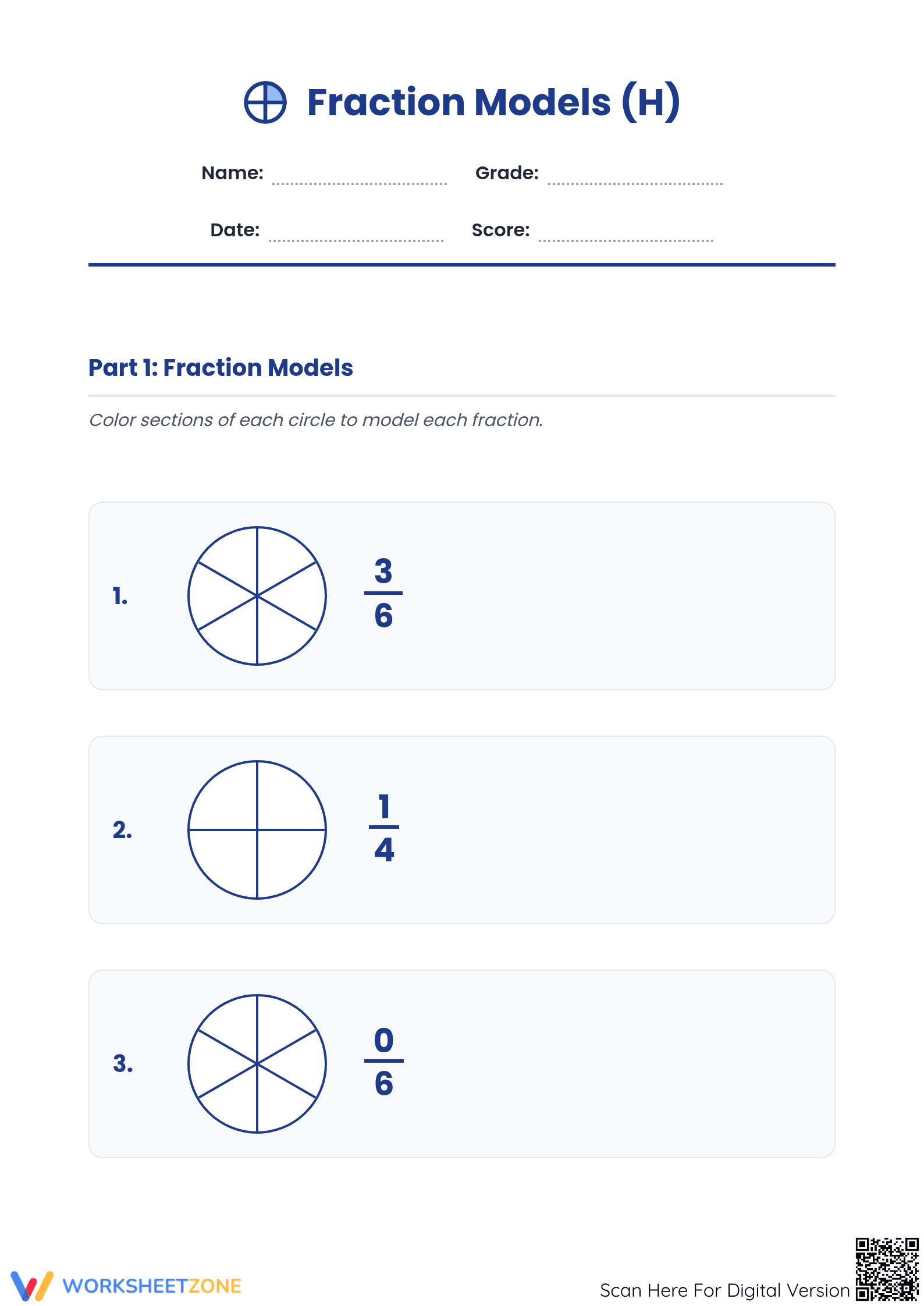 Modeling Fractions with Circles | Printable Grade 3 Math - Page 1