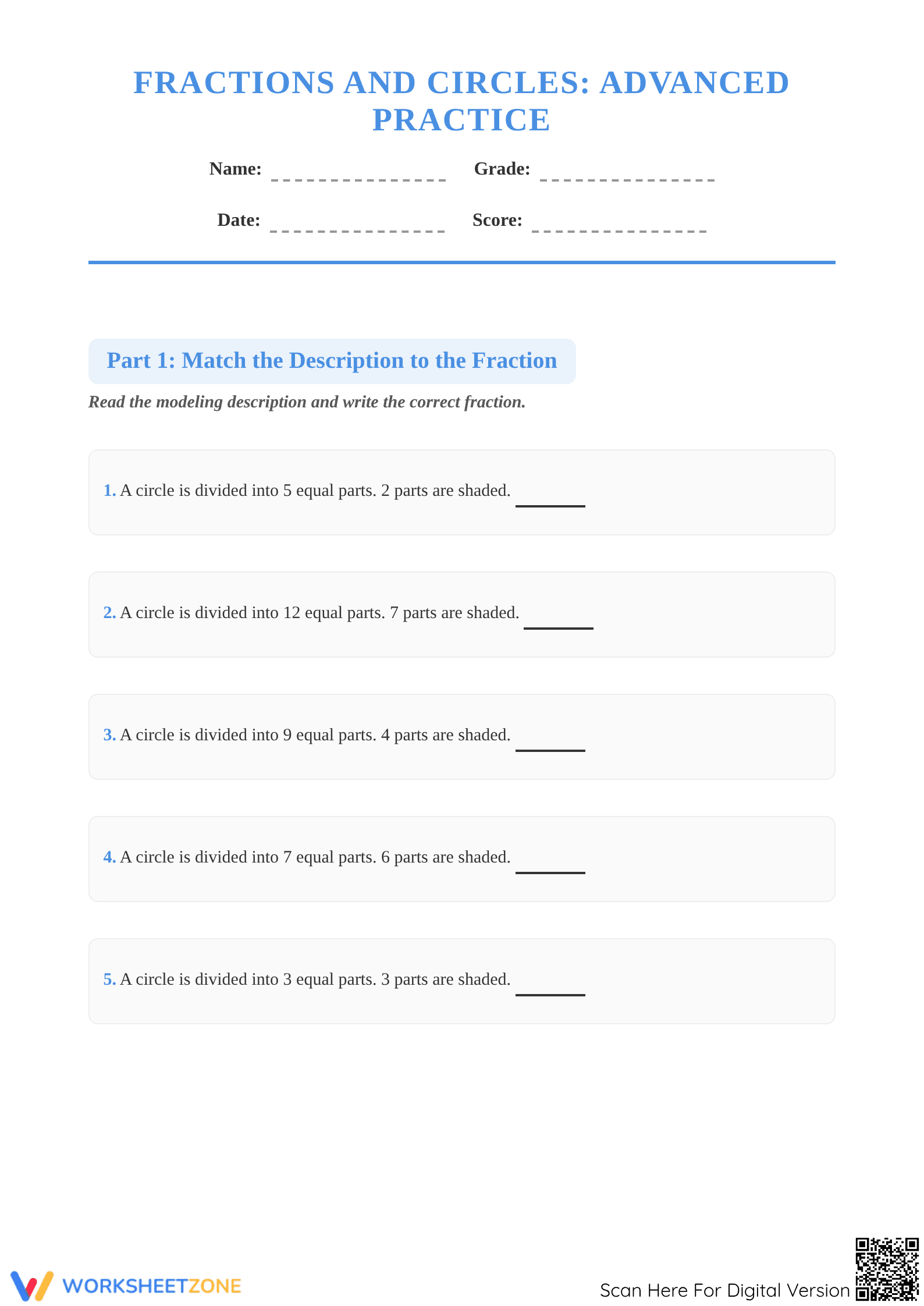 Essential Fractions with Circles Worksheet for Grade 3 - Page 1