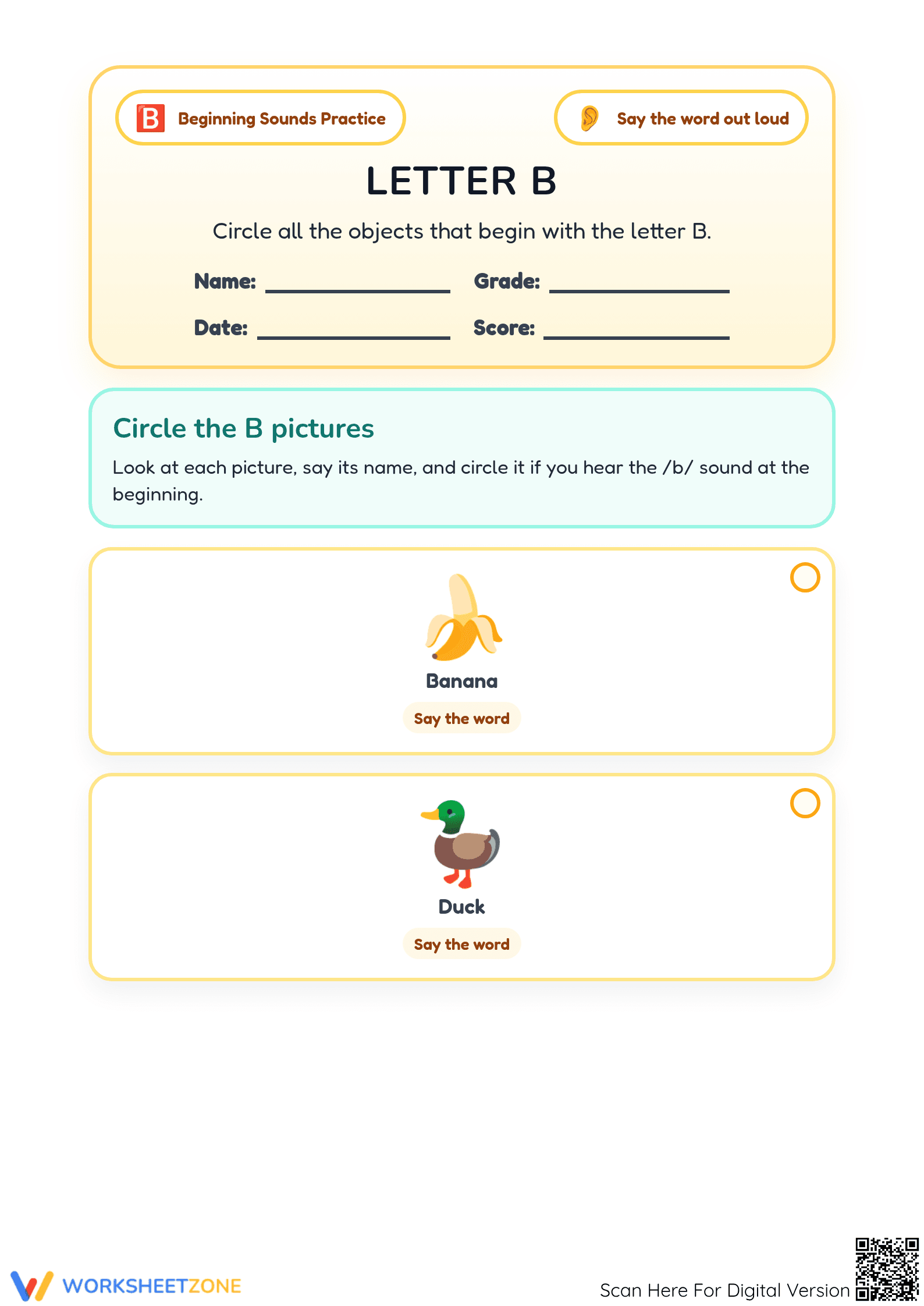 Free Printable Letter B Beginning Sounds Worksheet - Page 1