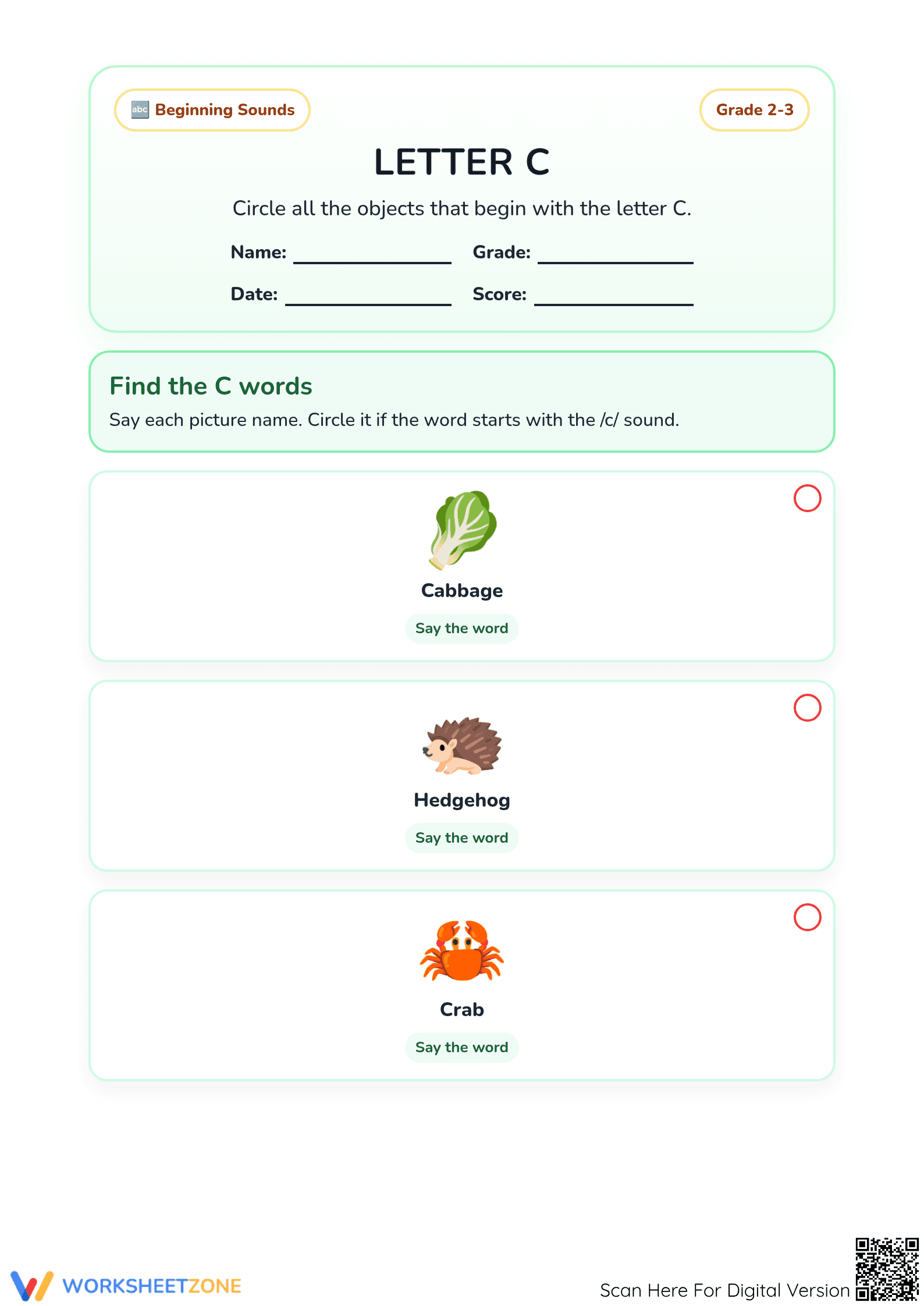 Printable Letter C Recognition Worksheet | Grade 2 Phonics - Page 1