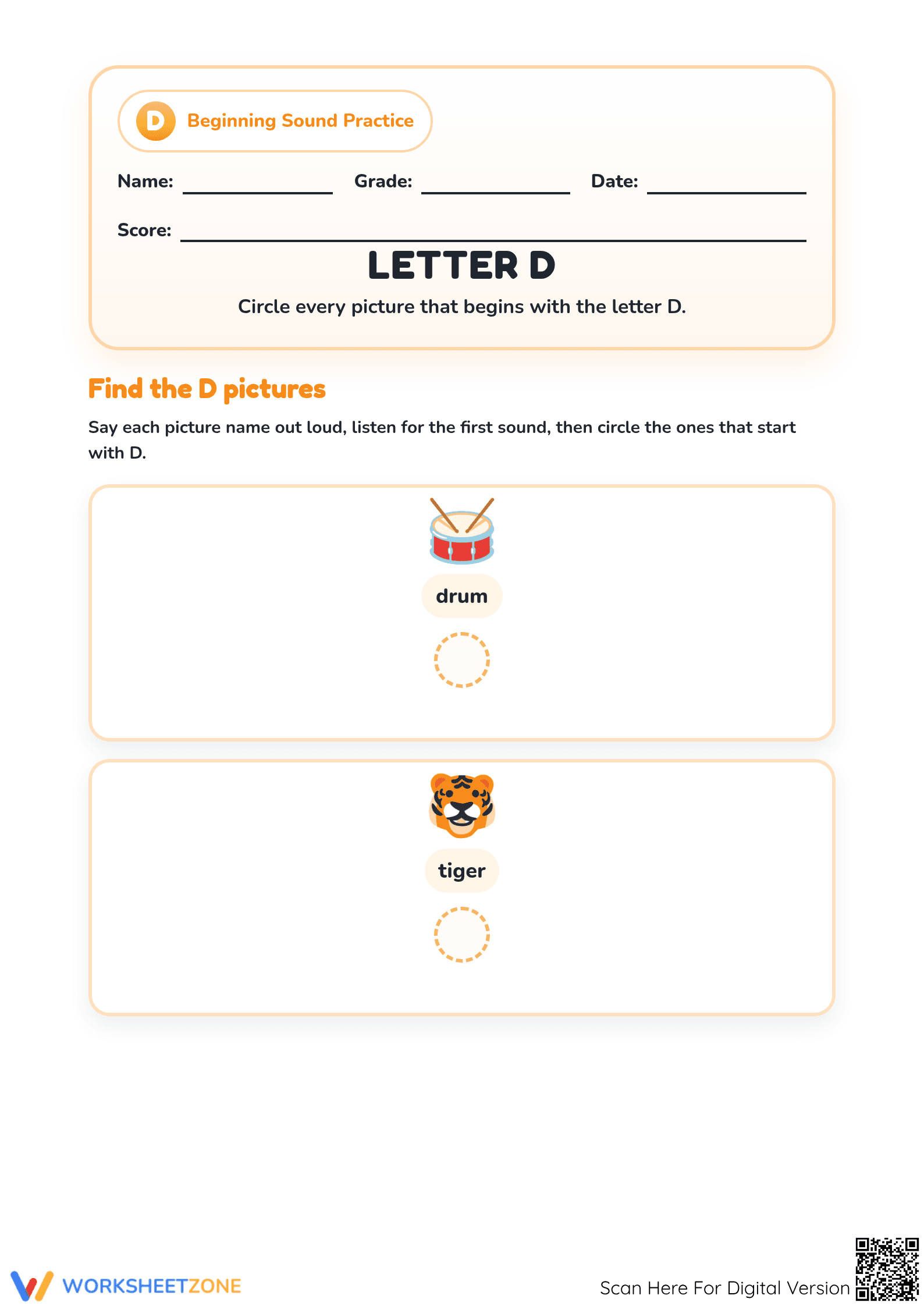 Printable Letter D Beginning Sound Worksheet | Grade 1-2 - Page 1