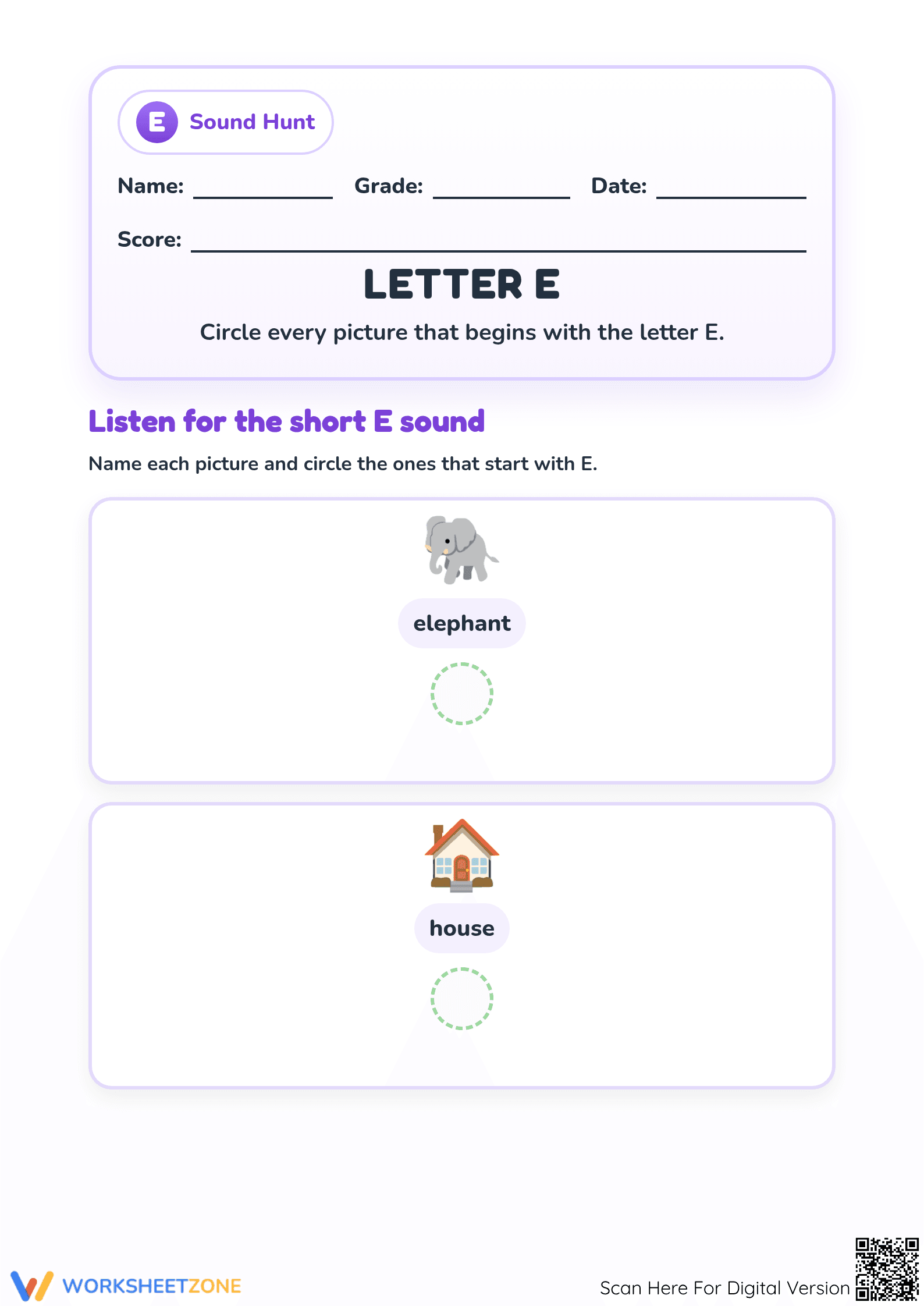 Printable Letter E Beginning Sounds Worksheet for Preschool - Page 1
