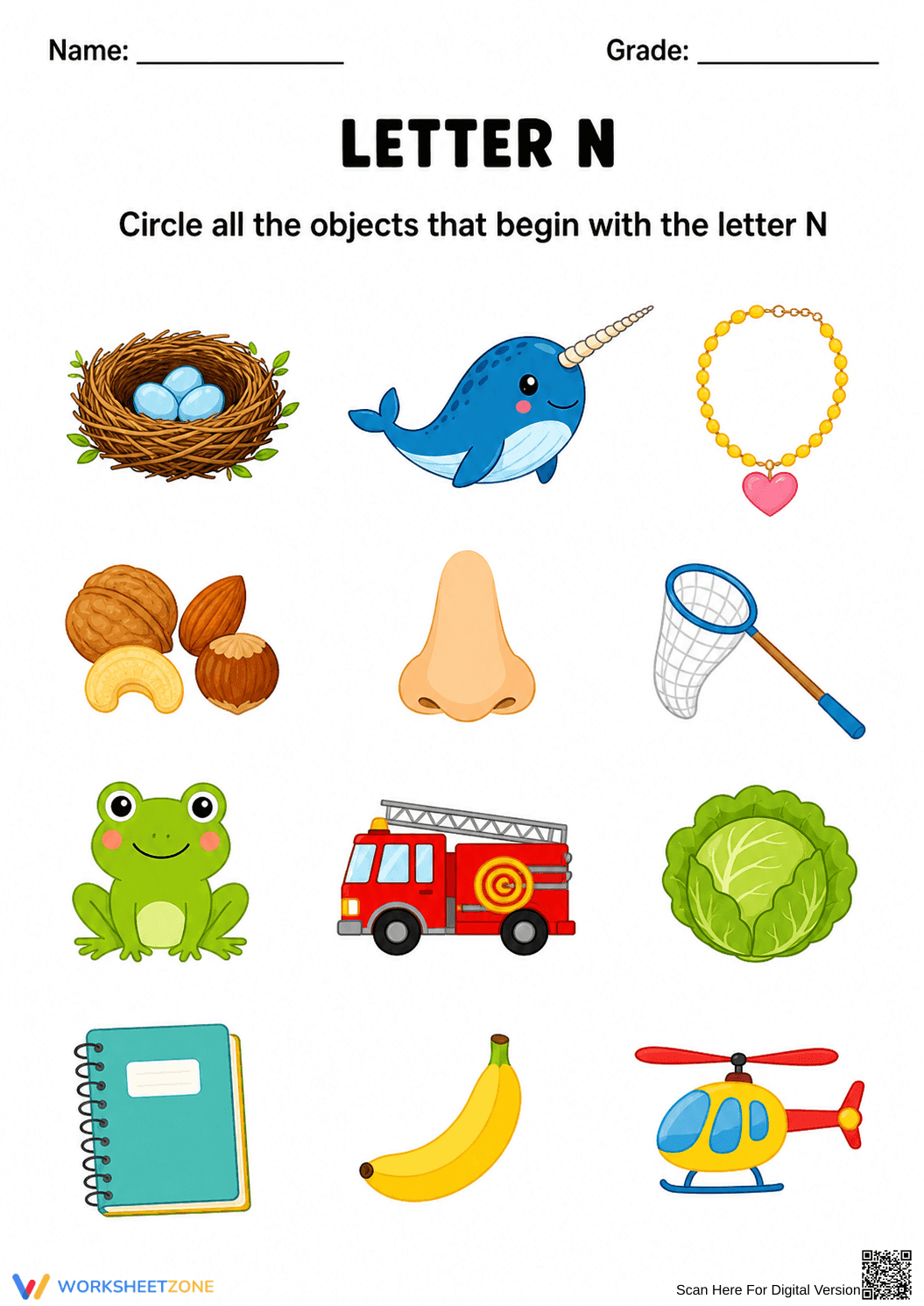 Identify And Circle Objects Starting With Letter N - Page 1