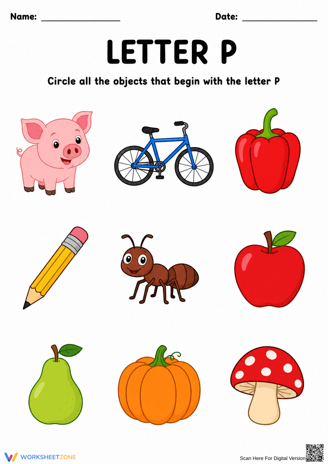 Essential Letter P Beginning Sounds Worksheet | Grade 1 - Page 1