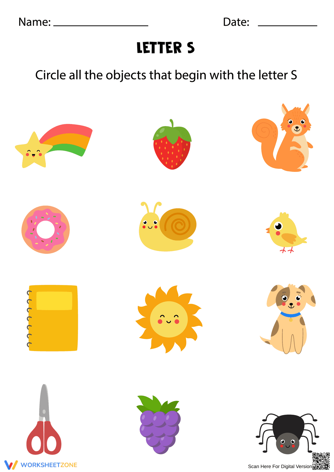 Letter S Beginning Sounds Printable Worksheet - Page 1