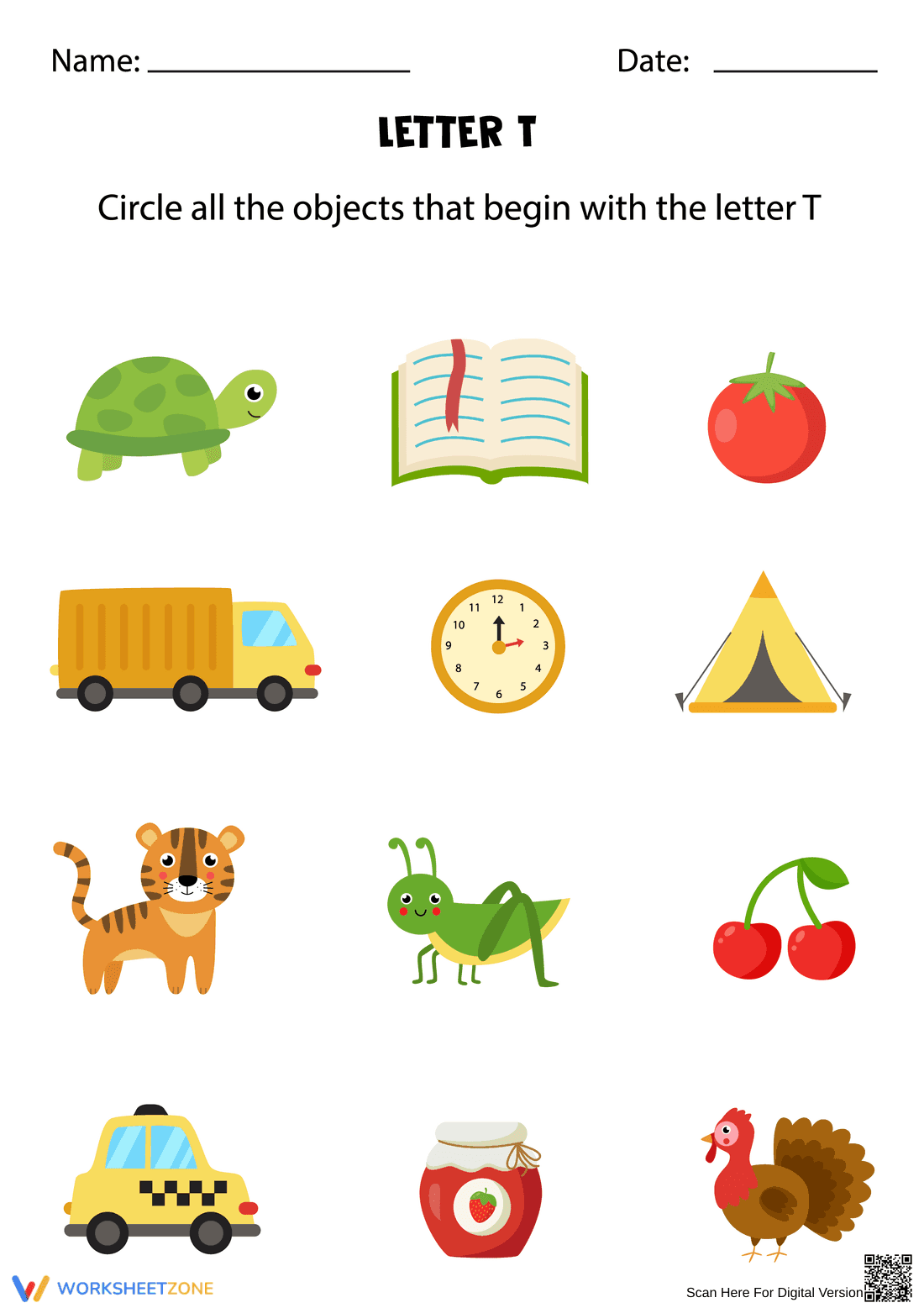 Grade K Letter T Sounds — Printable No-Prep Worksheet - Page 1