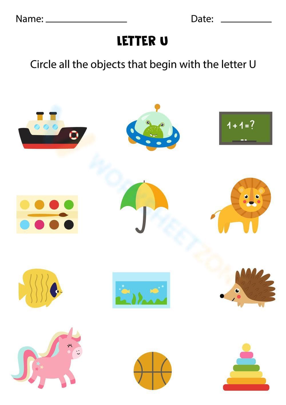Letter U Beginning Sounds Worksheet | Essential Phonics - Page 1