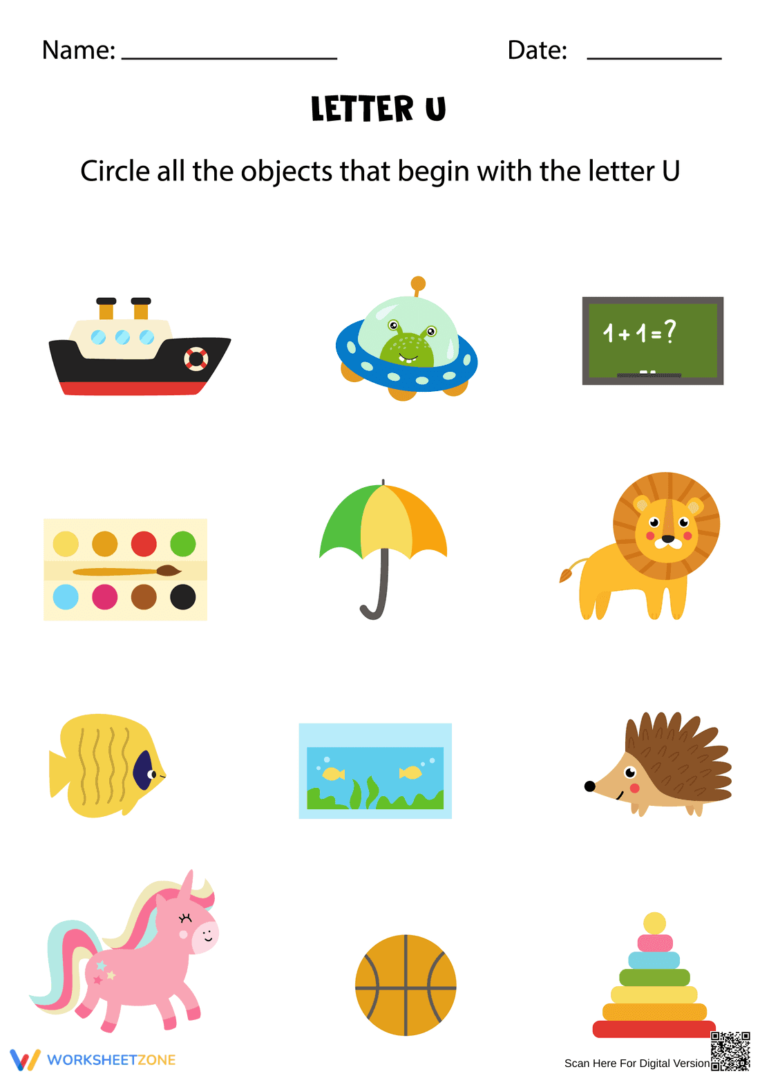 Letter U Beginning Sounds Worksheet | Essential Phonics - Page 1