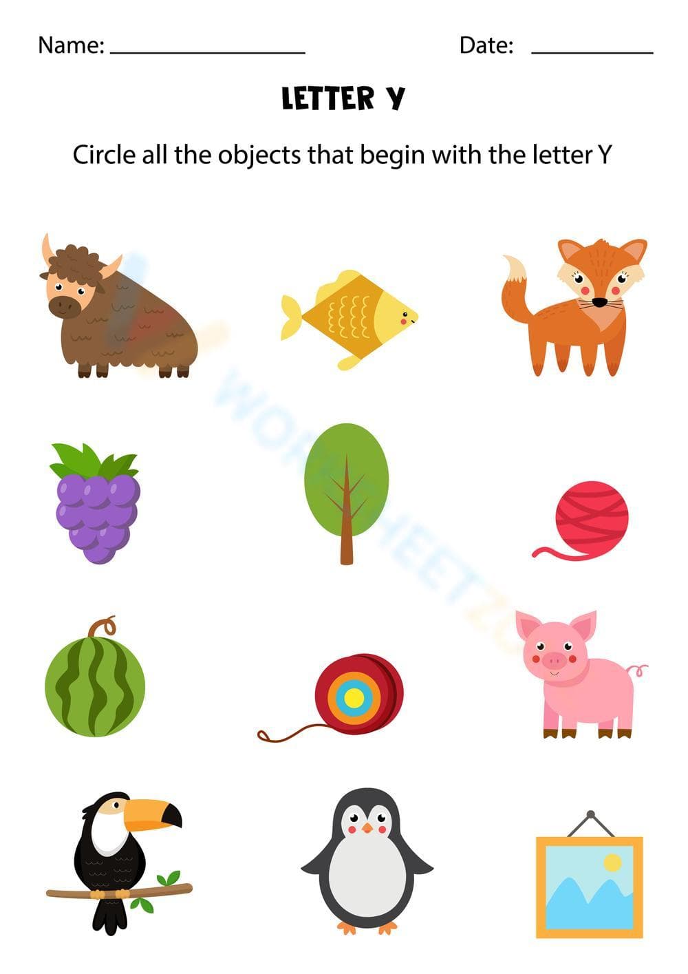 Beginning sounds with letter Y - Page 1