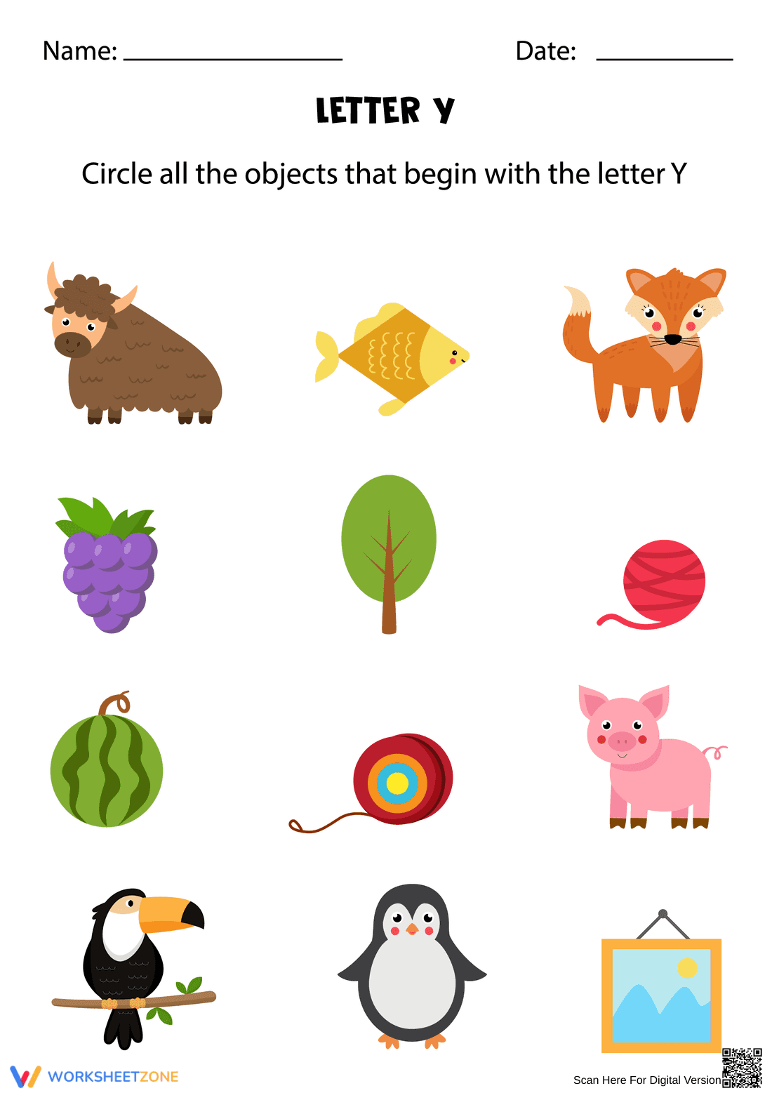 Letter Y Beginning Sounds — Printable Kindergarten Worksheet - Page 1