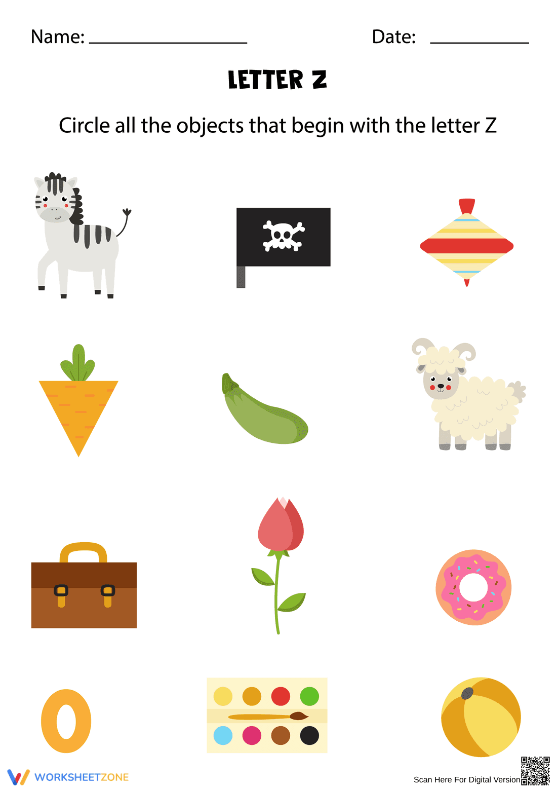 Letter Z Beginning Sounds Printable Worksheet - Page 1