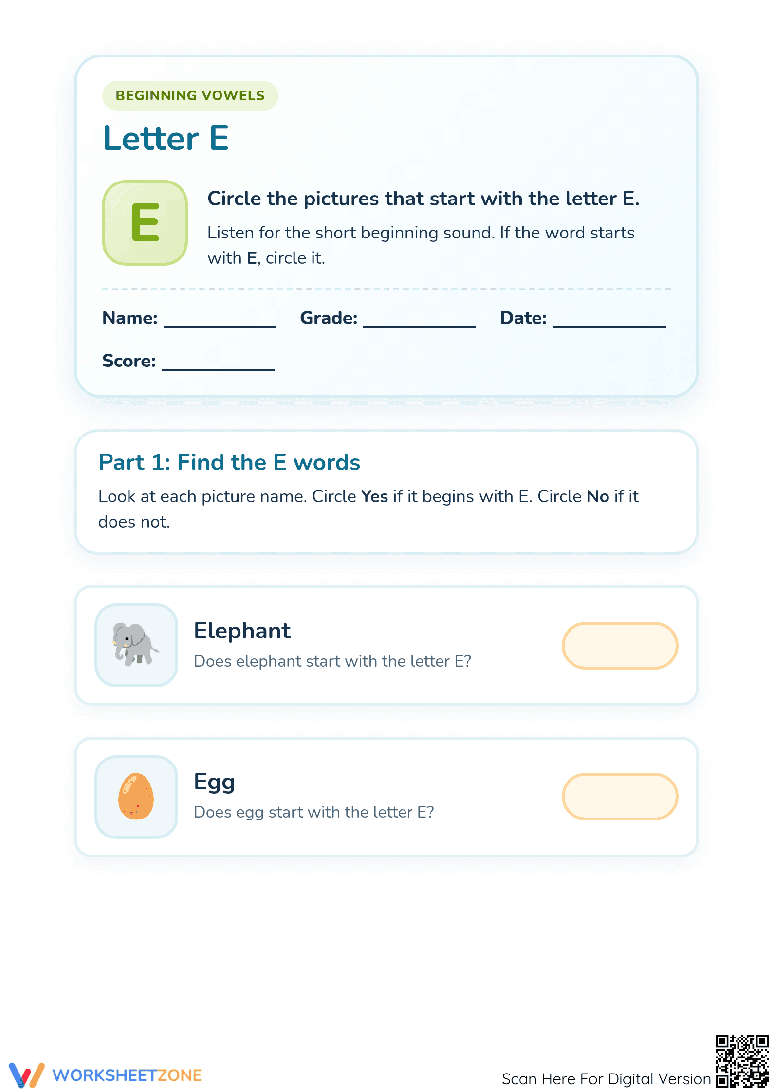 Essential Beginning Vowels Letter E Worksheet K-1 Phonics - Page 1
