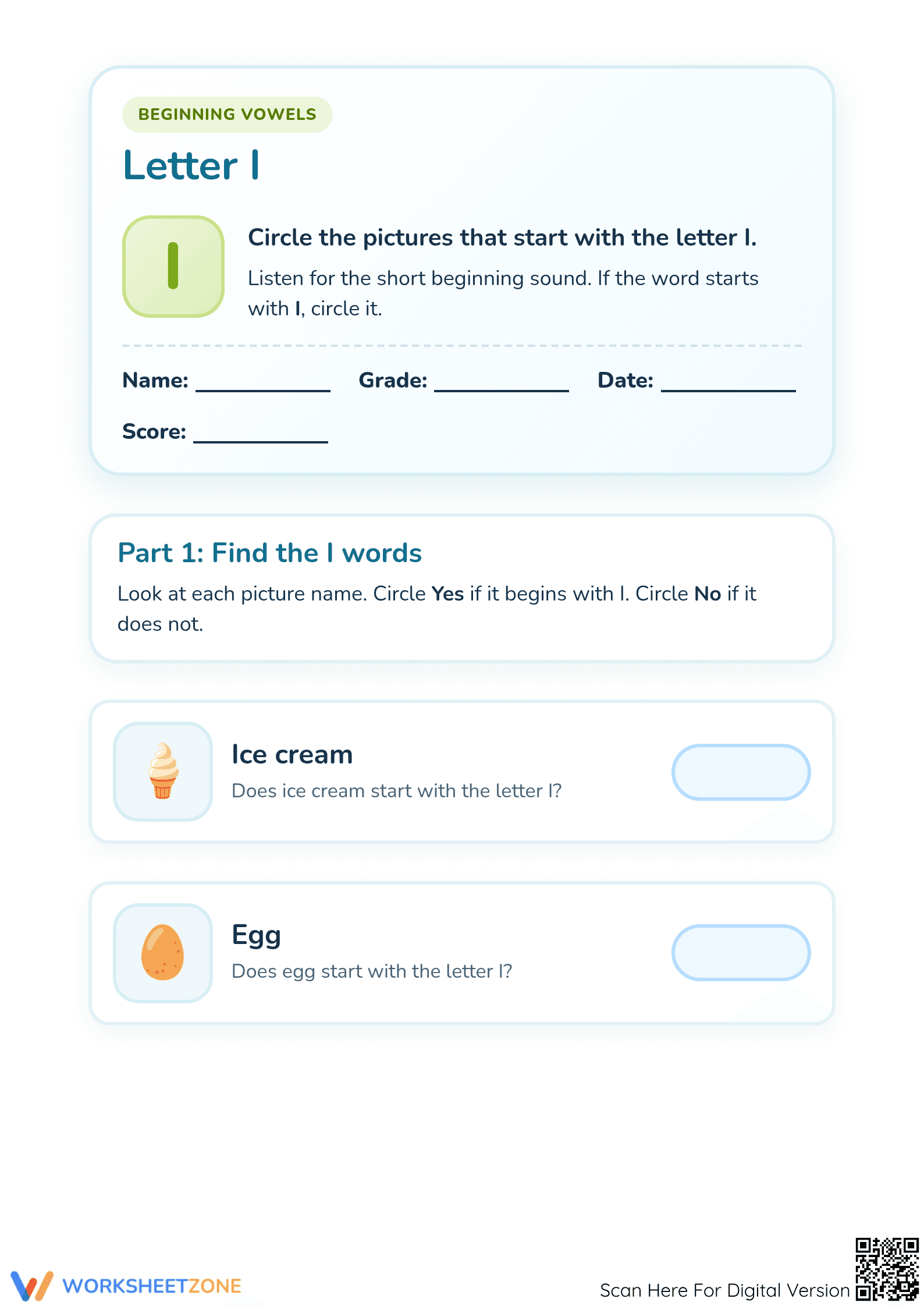 Essential Beginning Vowels Letter I Worksheet | Printable - Page 1