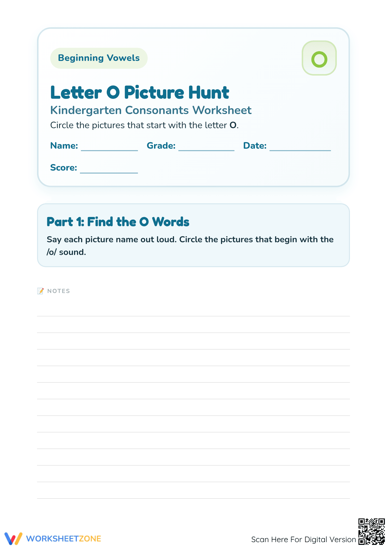 Printable Beginning Vowels Letter O Worksheet | Grade K - Page 1