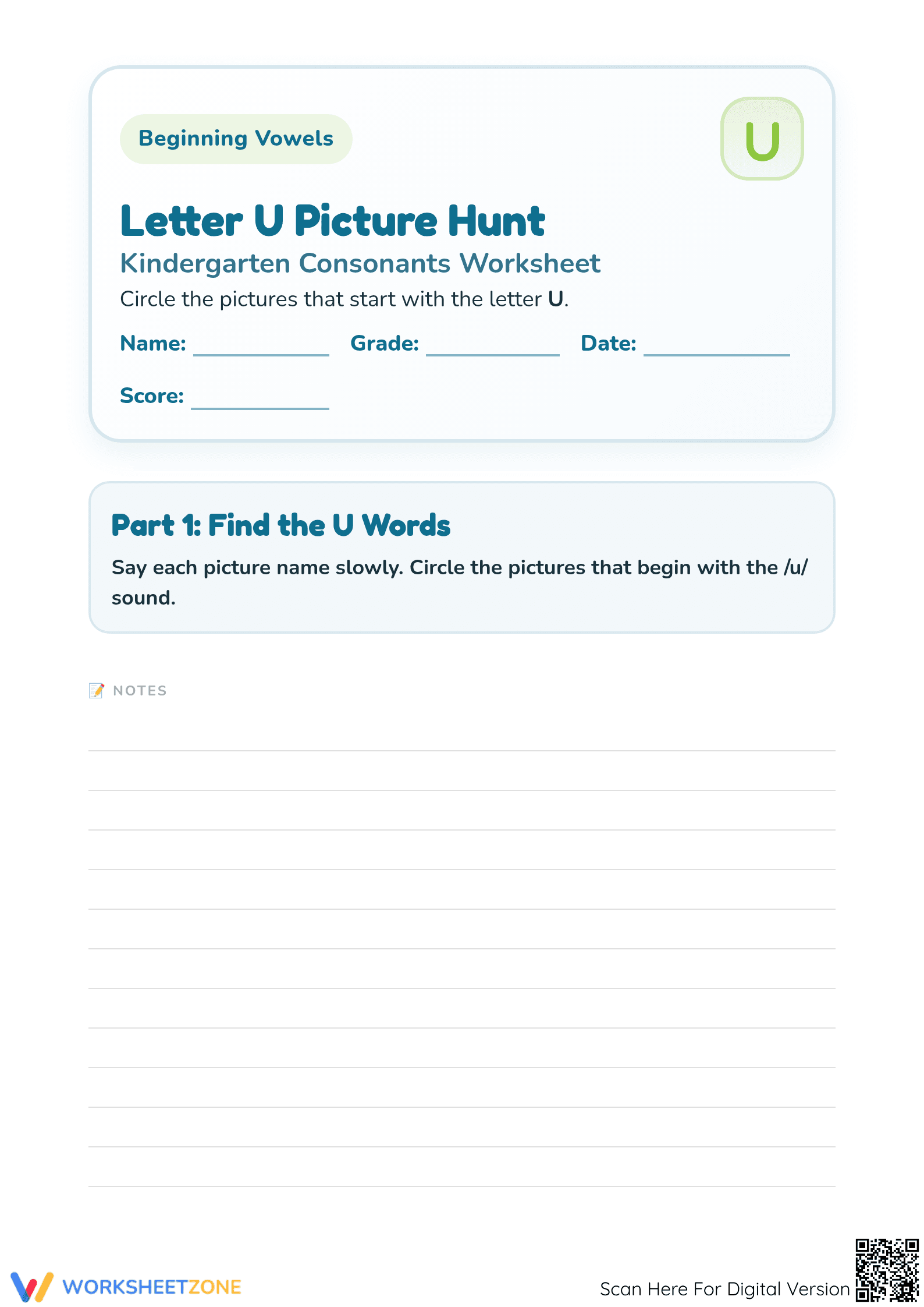 Essential Letter U Beginning Vowels Worksheet | Grade K-1 - Page 1