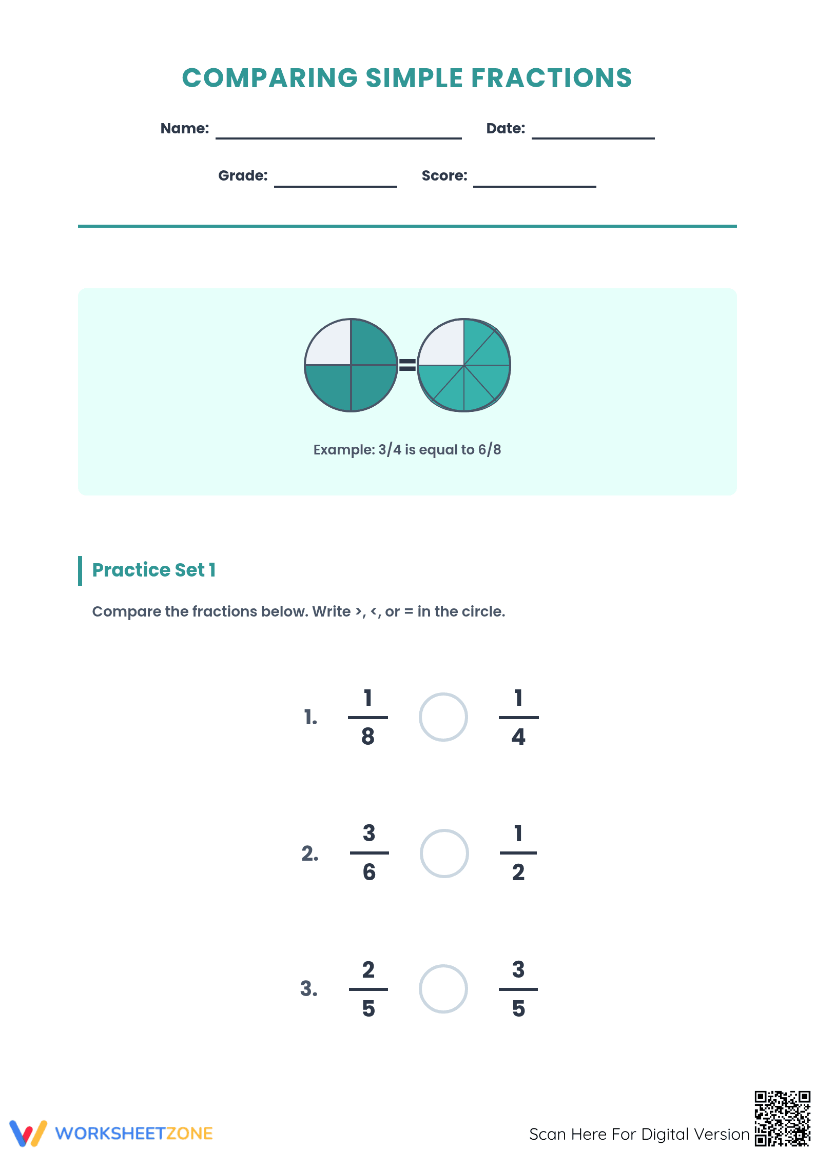 Printable Comparing Simple Fractions | Grade 4 Aligned - Page 1