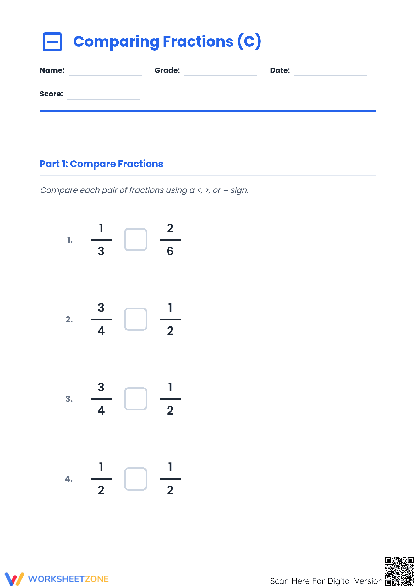 Printable Comparing Simple Fractions Worksheet | Grades 3-5 - Page 1