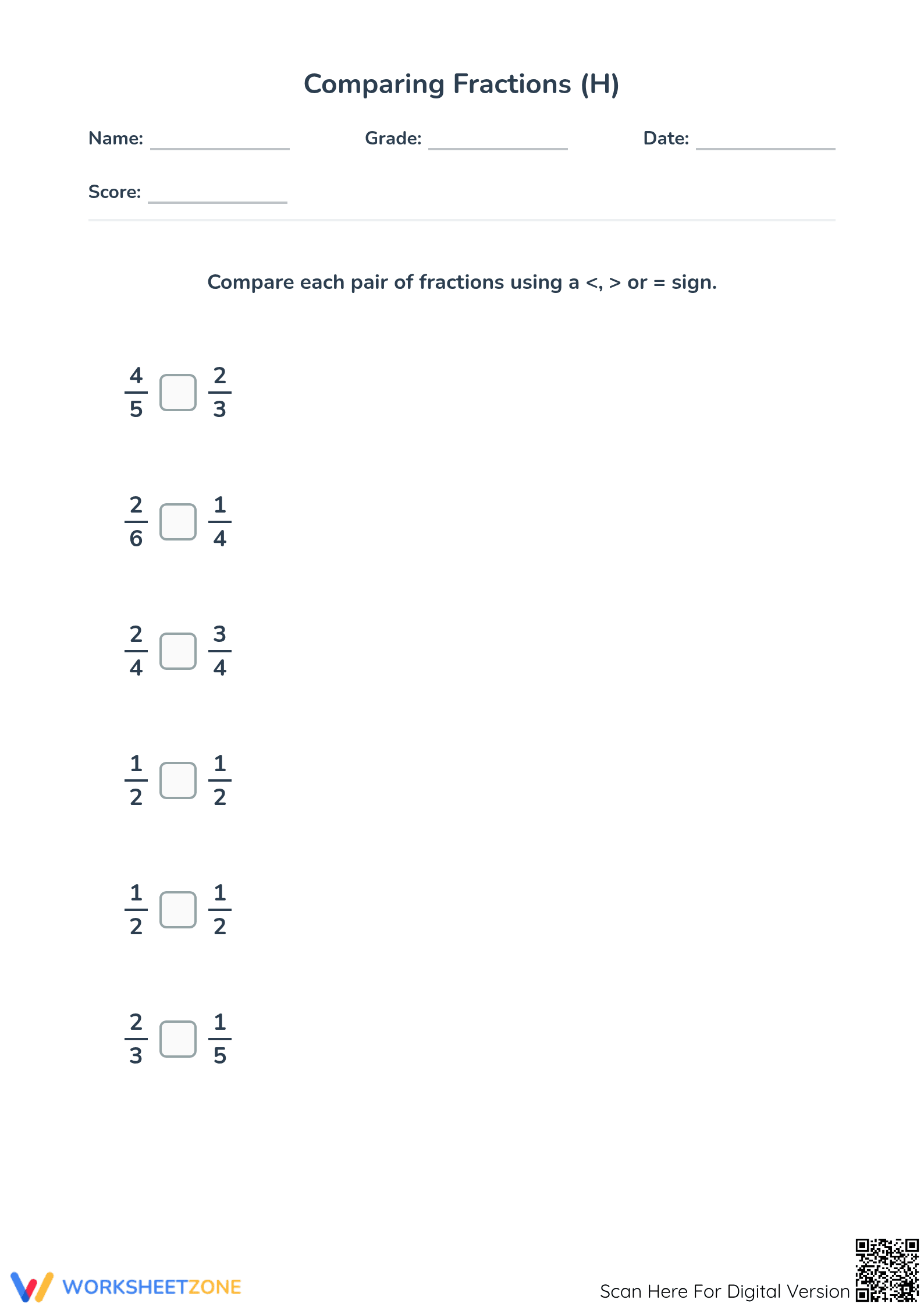 Essential Grade 4 Math: Comparing Simple Fractions Worksheet - Page 1