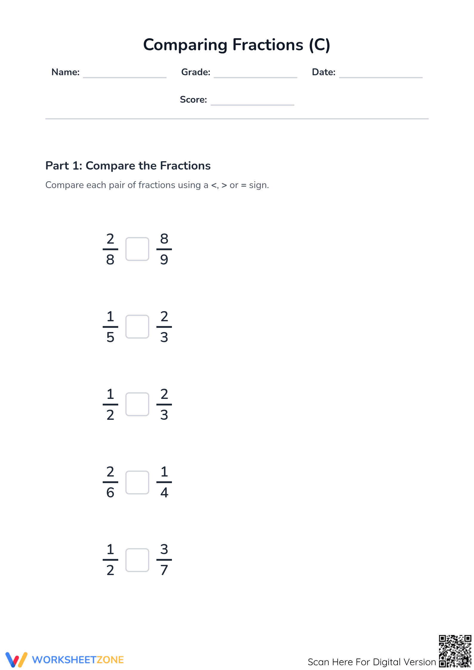 Grade 4 Comparing Fractions — Printable No-Prep Worksheet - Page 1