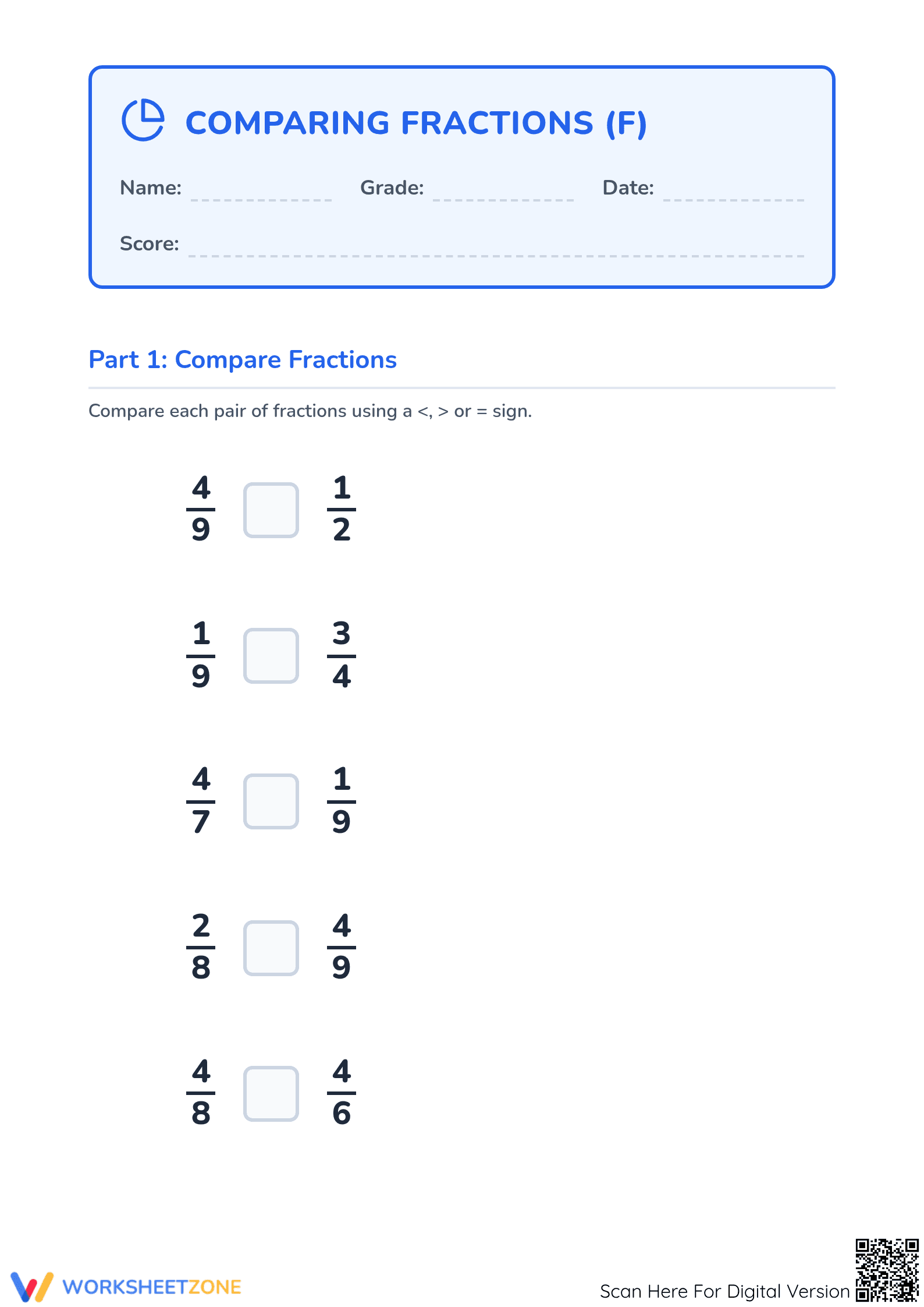 Printable Comparing Simple Fractions Worksheet | Grade 4 - Page 1