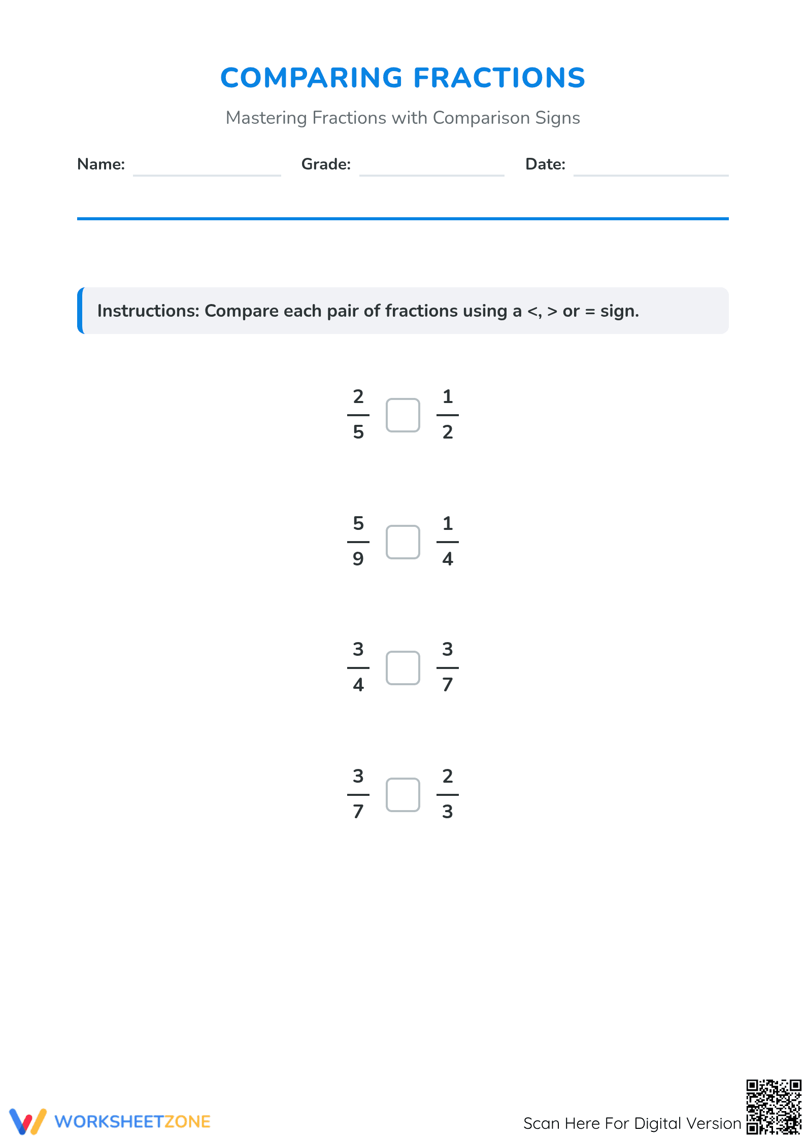 Printable Comparing Fractions Worksheet | Grade 3-10 Aligned - Page 1