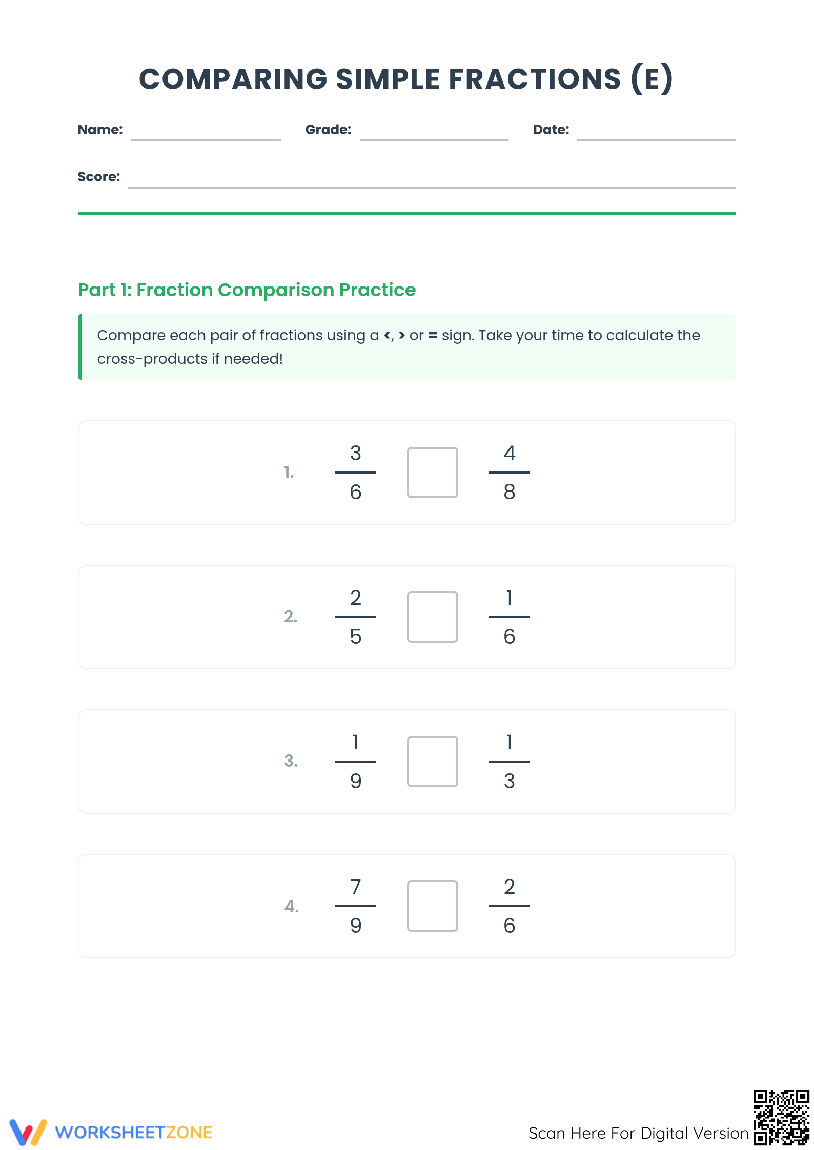 Printable Comparing Fractions Worksheet | Grade 3 Math - Page 1