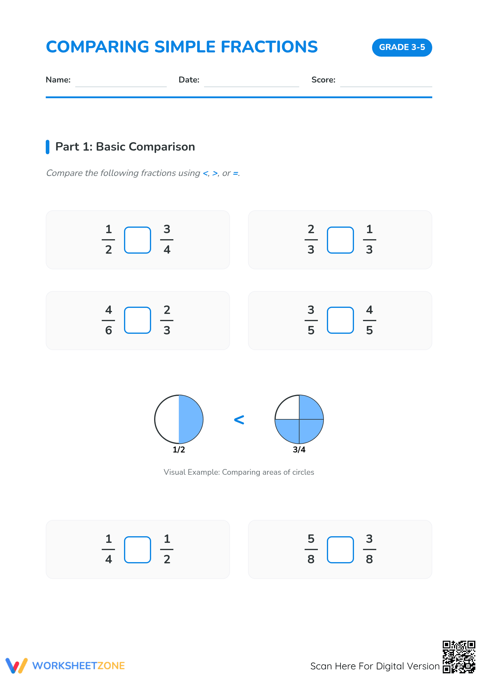 Essential Comparing Simple Fractions Worksheet | Grade 4 - Page 1
