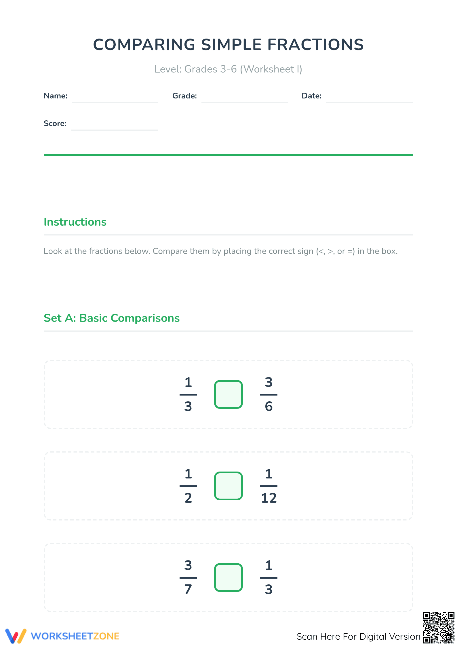 Printable Grade 4 Math: Comparing Simple Fractions - Page 1